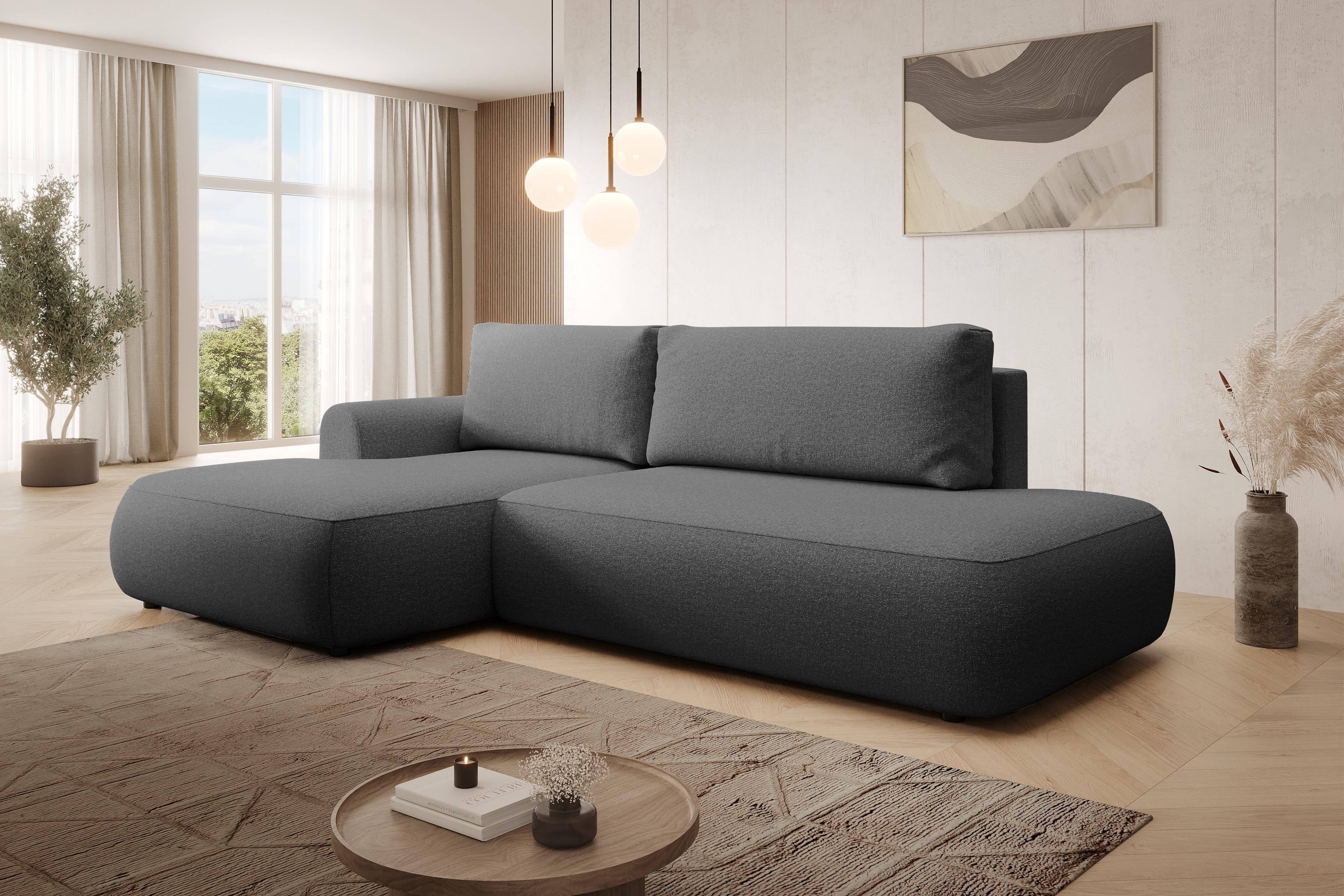 Rohová rozkladacia sedačka Lotulis L II ľavá – tmavosivá hydrofóbna pletenina Blur 19 Rohová sedacia súprava Lotulis L s funkciou spánku Ľavá strana - ciemno šedá dzianina hydrofobowa Blur 19
