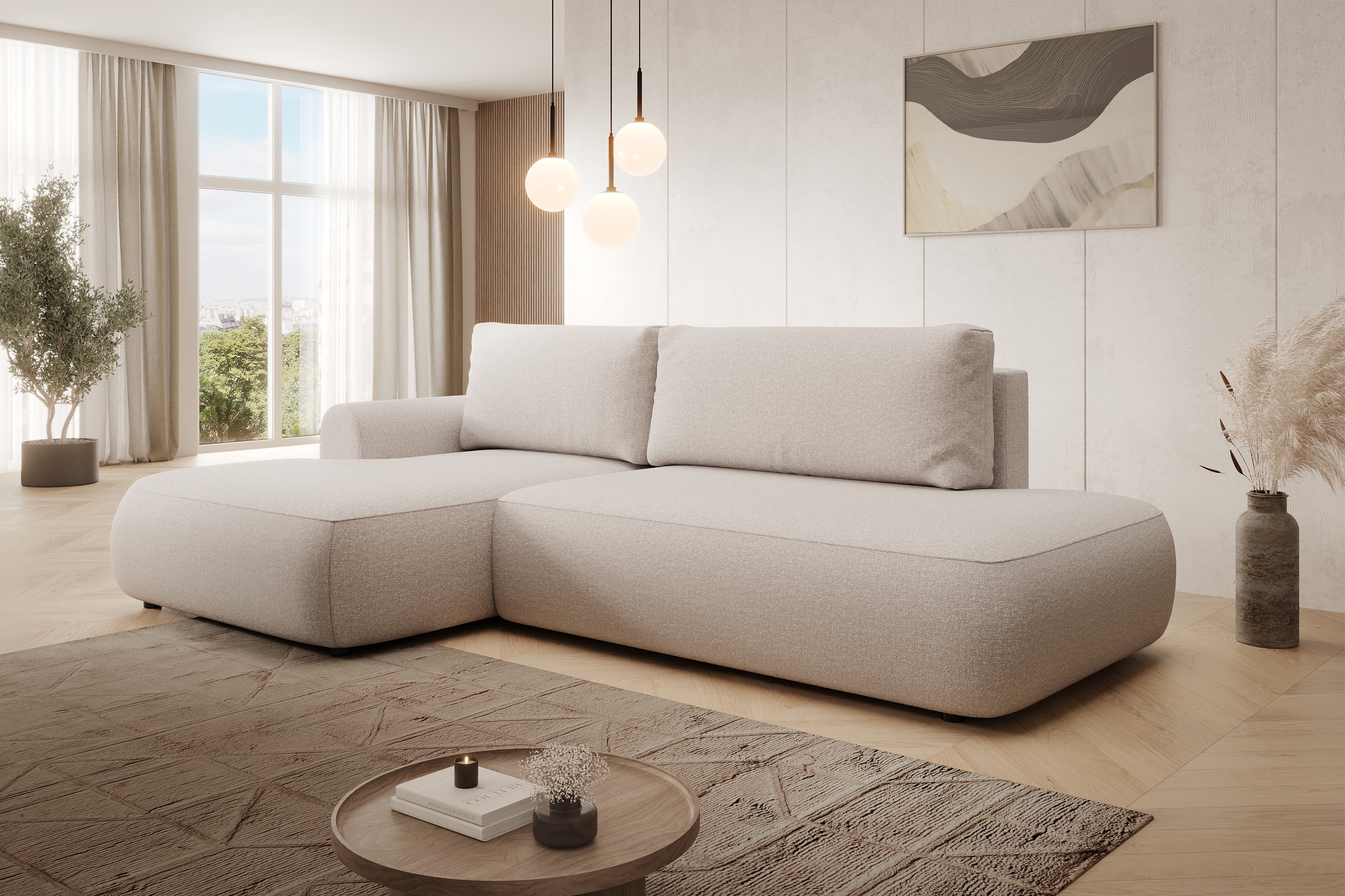 Rozkladacia rohová sedačka Lotulis L II ľavá – krémová hydrofóbna pletenina Blur 01 Rohová sedacia súprava Lotulis L s funkciou spánku Ľavá strana - kremowa dzianina hydrofobowa Blur 01 