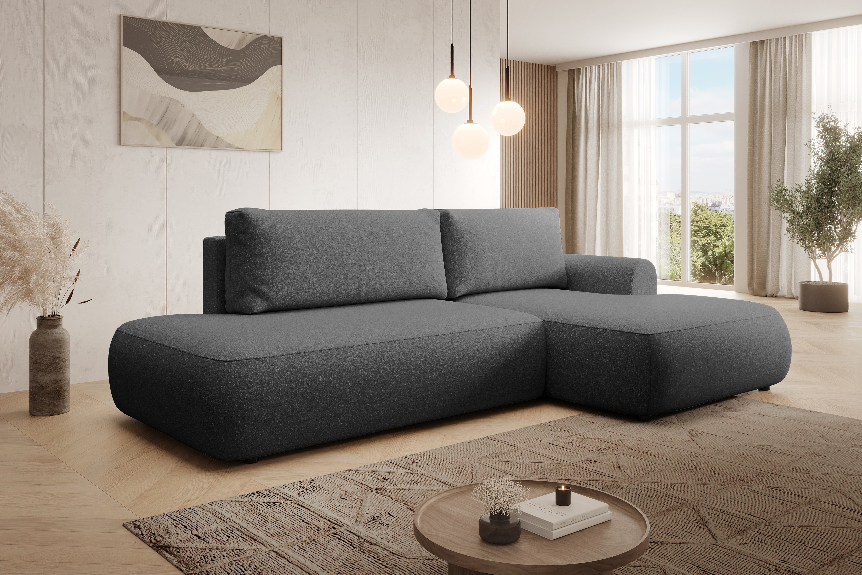 Rohová rozkladacia sedačka Lotulis L II pravá – tmavosivá hydrofóbna pletenina Blur 19 Rohová sedacia súprava Lotulis L s funkciou spánku pravá strana - ciemno šedá dzianina hydrofobowa Blur 19