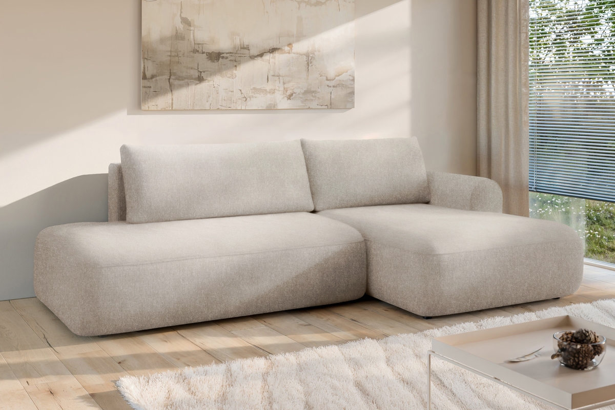 Rozkladacia rohová sedačka Lotulis L II pravá – krémová hydrofóbna pletenina Blur 01 Rohová sedacia súprava Lotulis L s funkciou spánku pravá strana - kremowa dzianina hydrofobowa Blur 01