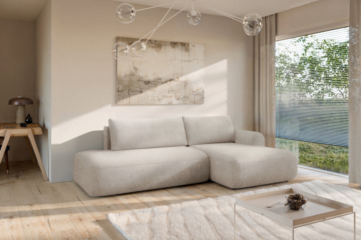 Rozkladacia rohová sedačka Lotulis L II pravá – krémová hydrofóbna pletenina Blur 01 Rohová sedacia súprava Lotulis L s funkciou spánku pravá strana - kremowa dzianina hydrofobowa Blur 01