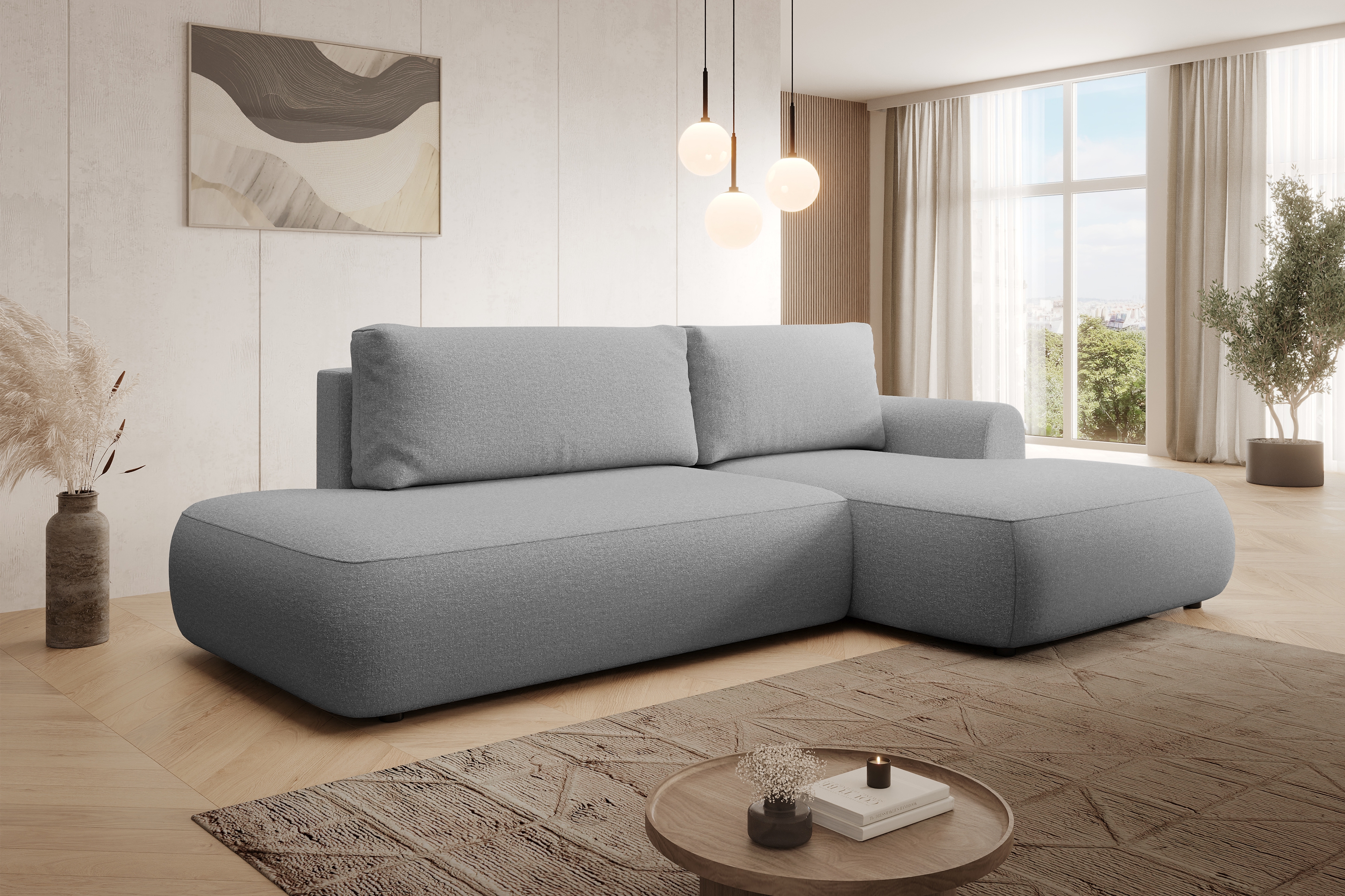 Rozkladacia rohová sedačka Lotulis L II pravá – sivá hydrofóbna pletenina Blur 18 Rohová sedacia súprava Lotulis L s funkciou spánku pravá strana - šedá dzianina hydrofobowa Blur 18