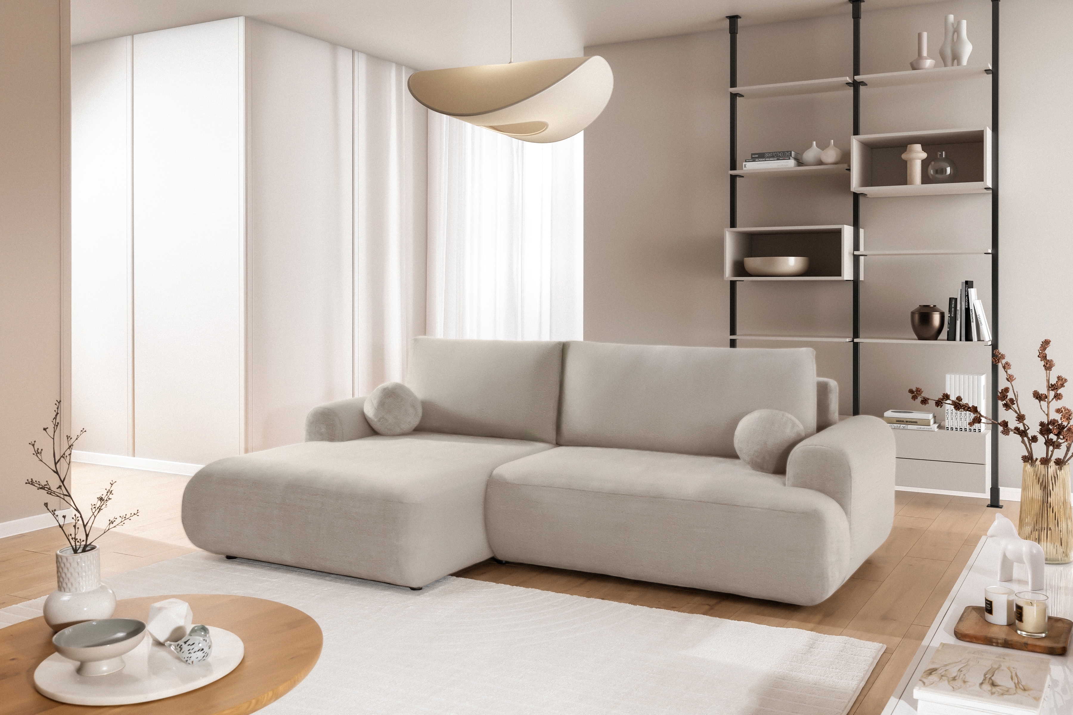 Rozkladacia rohová sedacia súprava Lotulis Mini ľavá - krémová pletenina Blur 01 Rohová sedacia súprava Lotulis Mini s funkciou spánku Ľavá strana - kremowa dzianina hydrofobowa Blur 01 