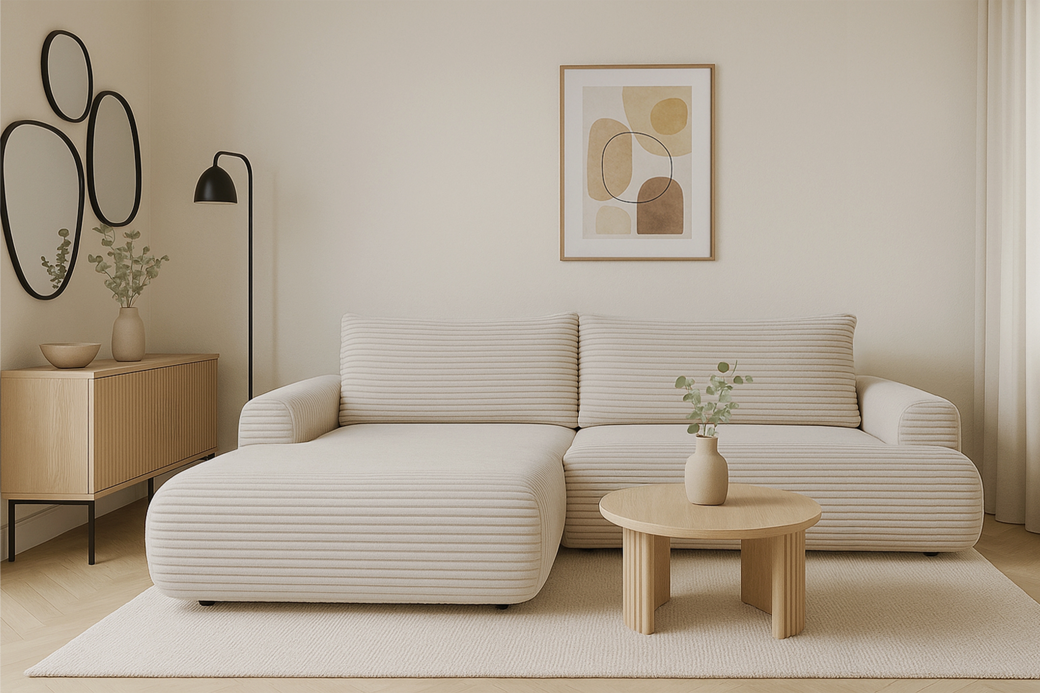 Rozkládací rohová sedací souprava Lotulis Mini levá - krémová Tilia 03 Rohová sedací souprava Lotulis Mini rozkládací levá - Krémový plusz Tilia 03 