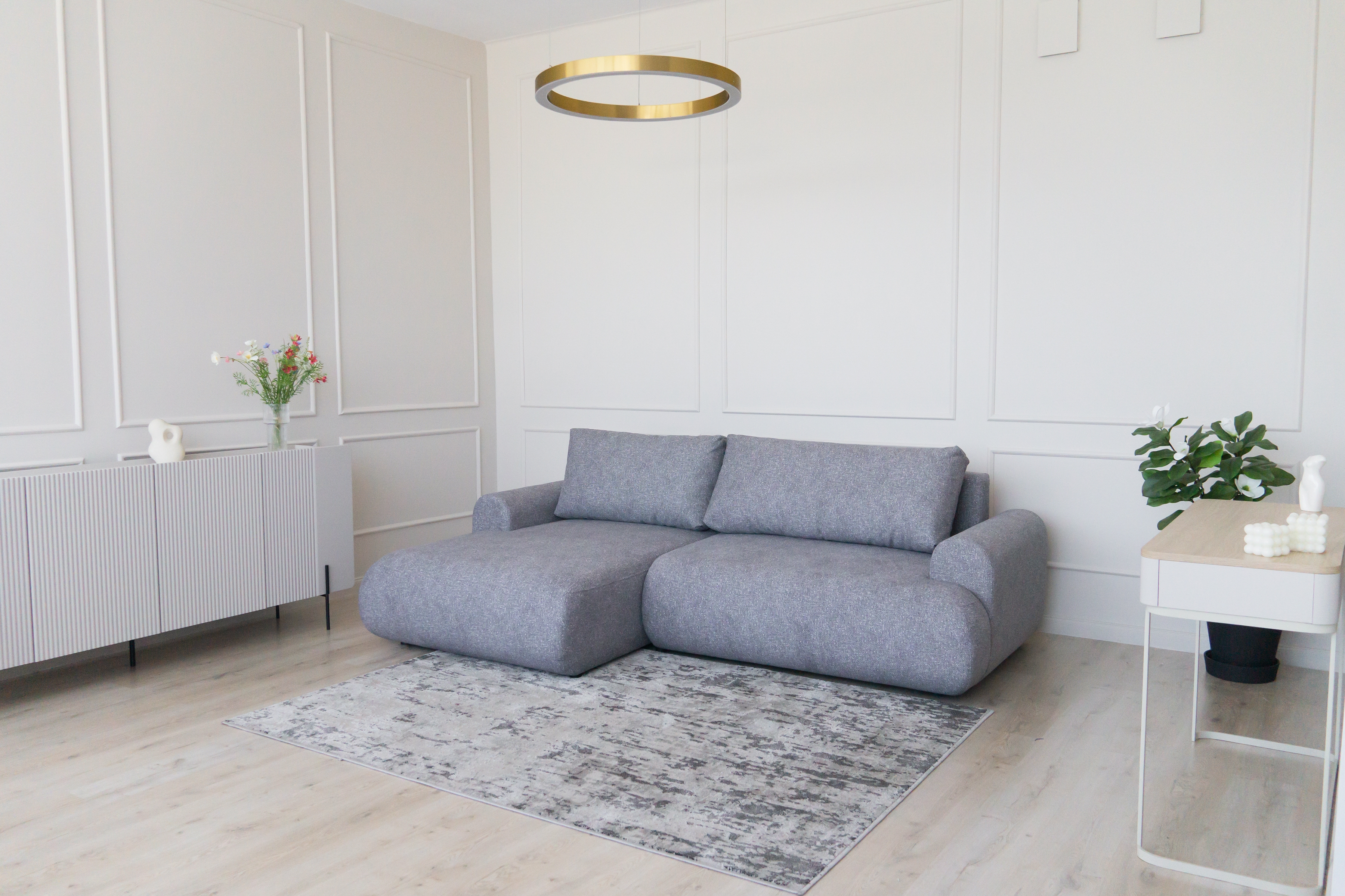 Rozkládací rohová sedací souprava Lotulis Mini levá - šedá Blur 18 Rohová sedací souprava Lotulis Mini rozkládací levá - šedá Pletenina hydrofobowa Blur 18 