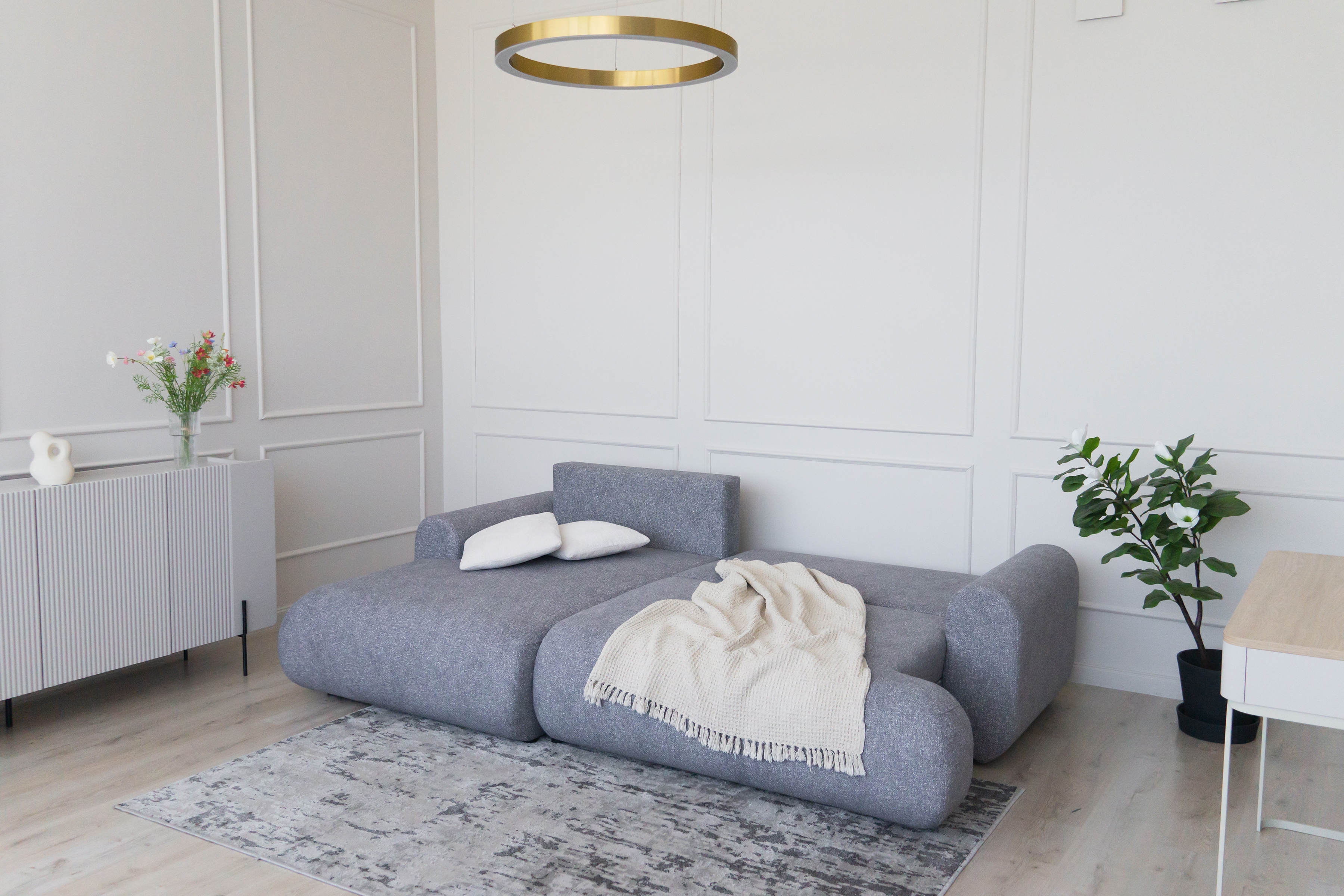 Rozkládací rohová sedací souprava Lotulis Mini levá - šedá Blur 18 Rohová sedací souprava Lotulis Mini rozkládací levá - šedá Pletenina hydrofobowa Blur 18 