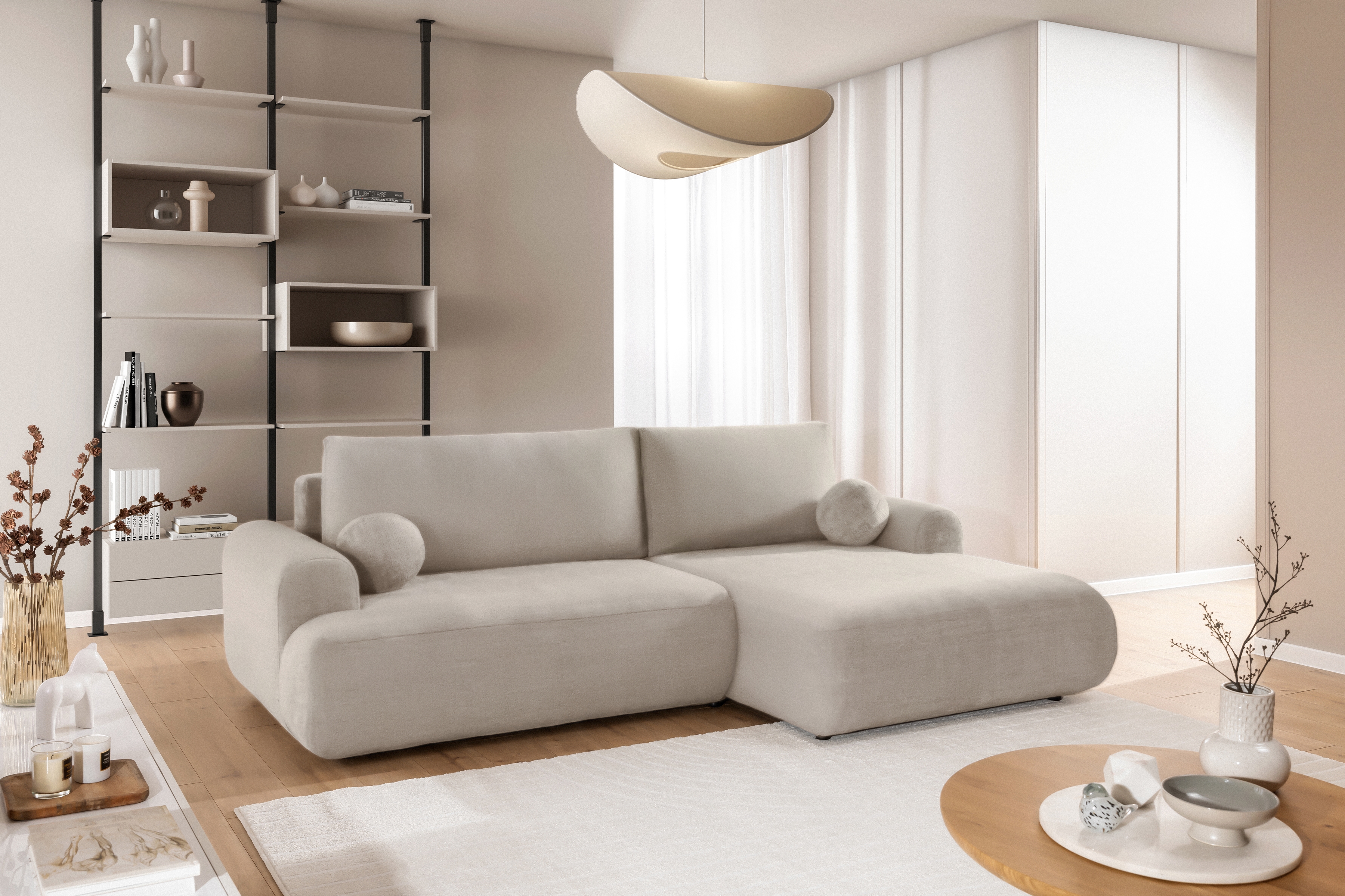 Rozkládací rohová sedací souprava Lotulis Mini pravá - krémová Blur 01 Rohová sedací souprava Lotulis Mini rozkládací pravá - kremowa Pletenina hydrofobowa Blur 01