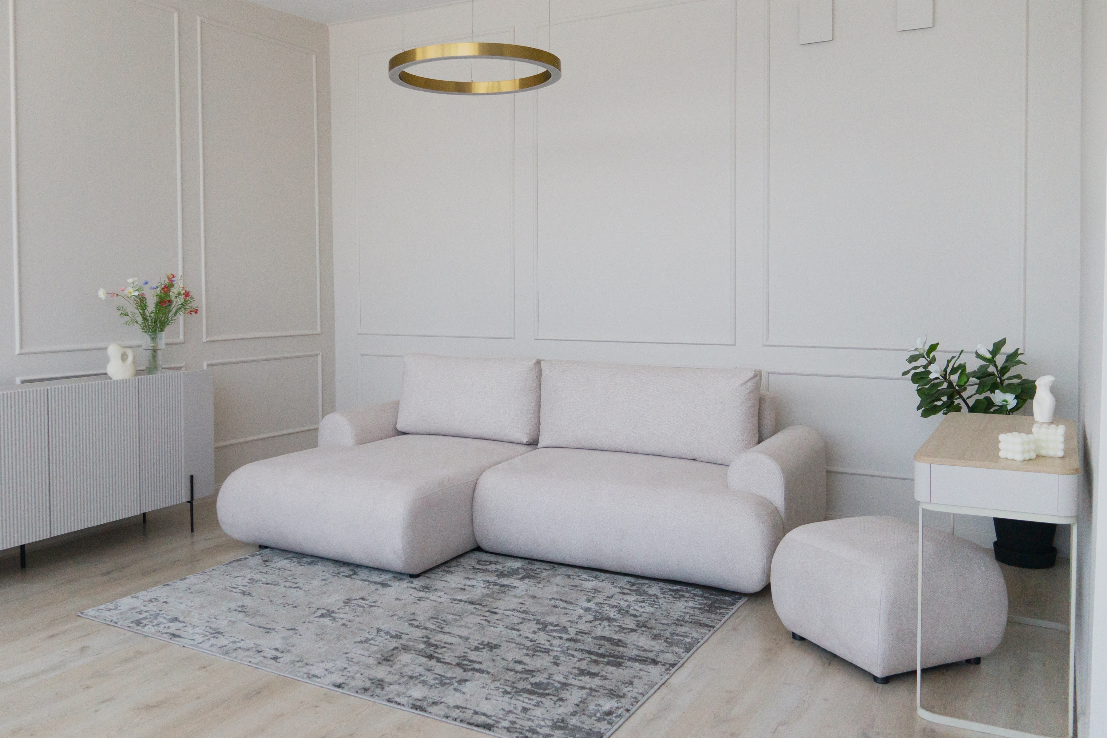 Rozkládací rohová sedací souprava Lotulis Mini pravá - krémová Blur 01 Rohová sedací souprava Lotulis Mini rozkládací pravá - kremowa Pletenina hydrofobowa Blur 01