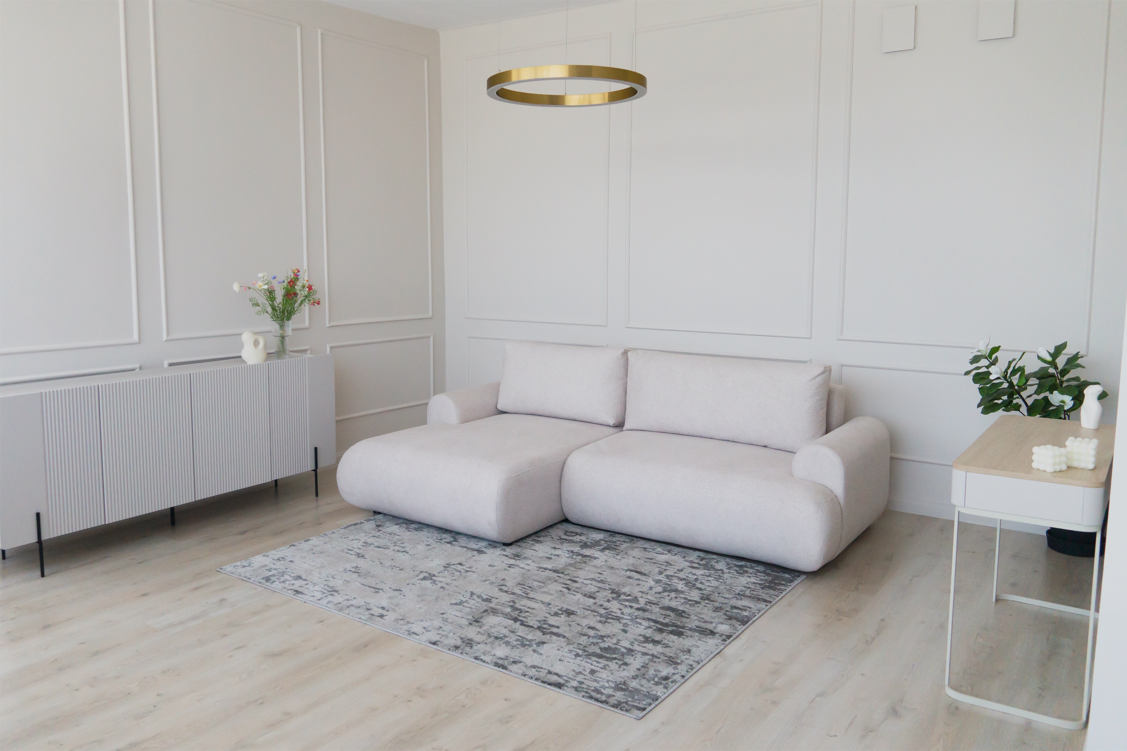 Rozkládací rohová sedací souprava Lotulis Mini pravá - krémová Blur 01 Rohová sedací souprava Lotulis Mini rozkládací pravá - kremowa Pletenina hydrofobowa Blur 01