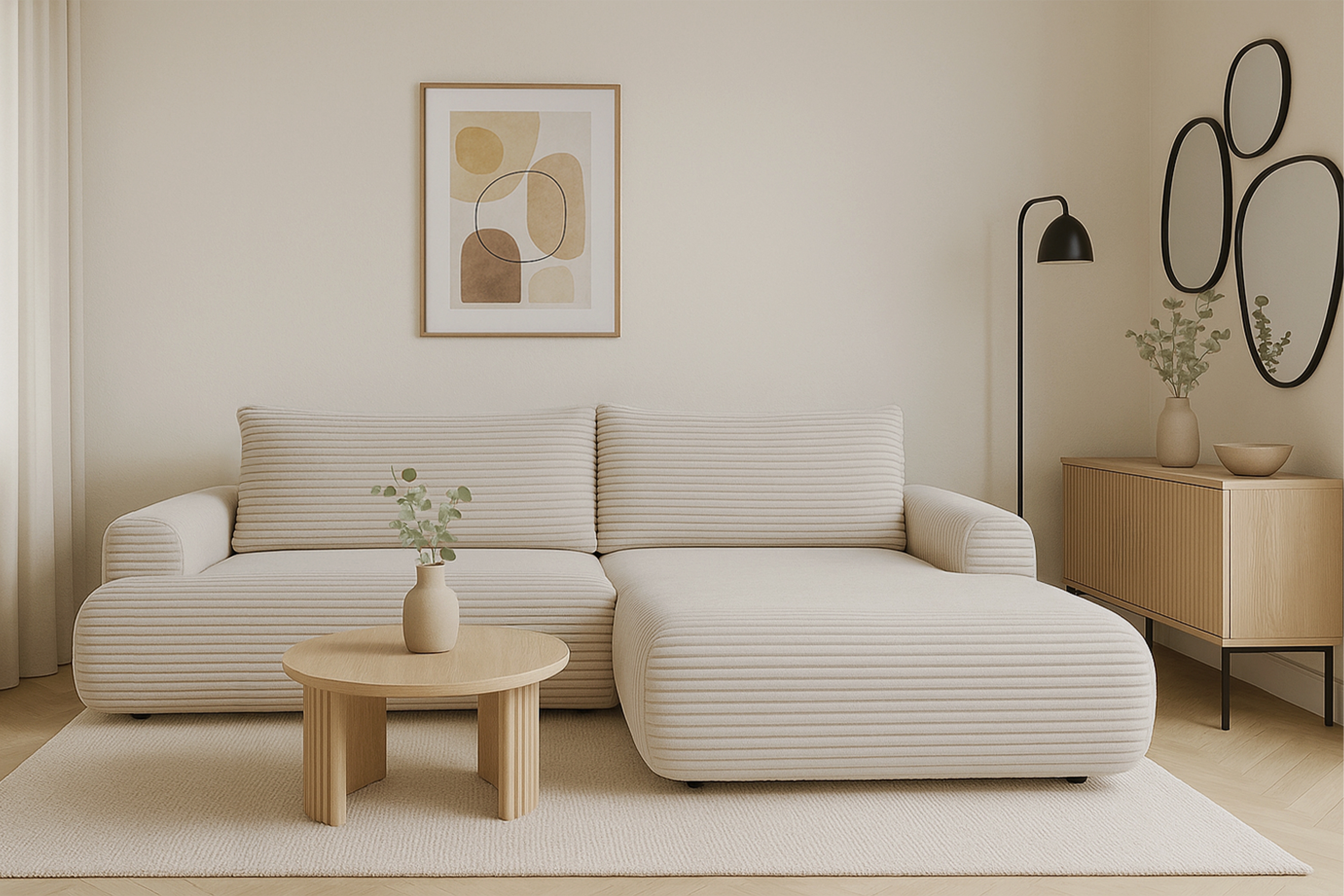 Rohová sedacia súprava Lotulis Mini pravá s rozkladom - krémový zamat Tilia 03 Rohová sedacia súprava Lotulis Mini s funkciou spánku pravá strana - Krémový plusz Tilia 03