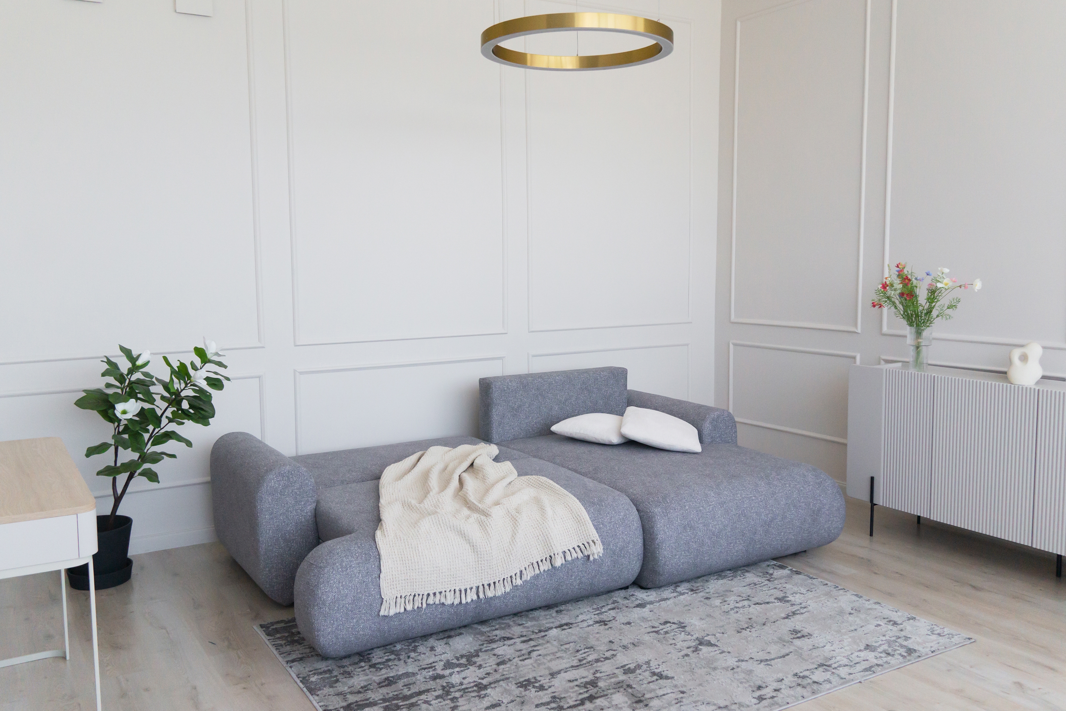 Rozkládací rohová sedací souprava Lotulis Mini pravá - šedá Blur 18 Rohová sedací souprava Lotulis Mini rozkládací pravá - šedá Pletenina hydrofobowa Blur 18