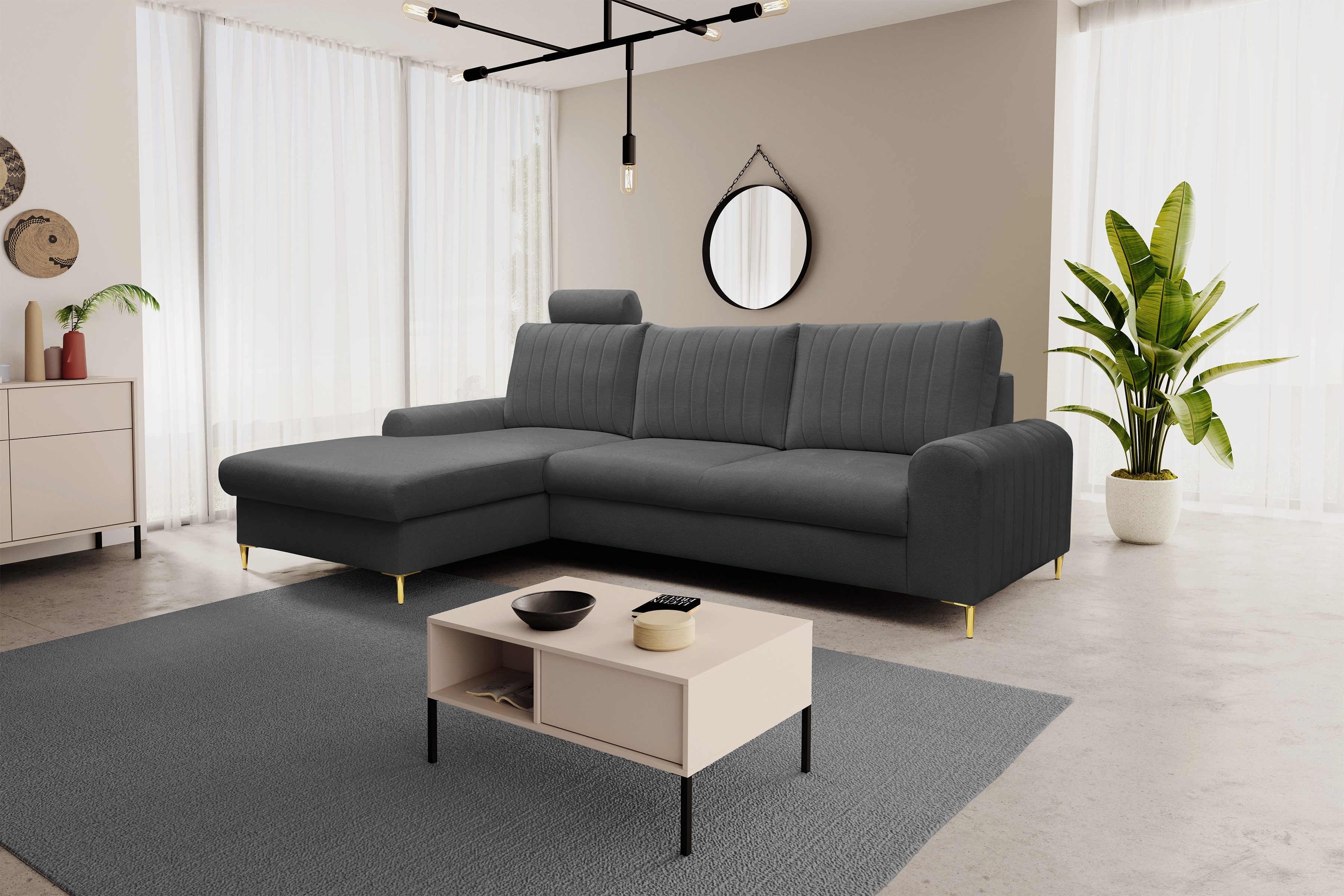 Rozkládací rohová sedací souprava Lumer levá - grafitová látka Loft 24 Rohová sedací souprava Lumer s funkcí spaní Strana levá - grafitová plecionka Loft 24