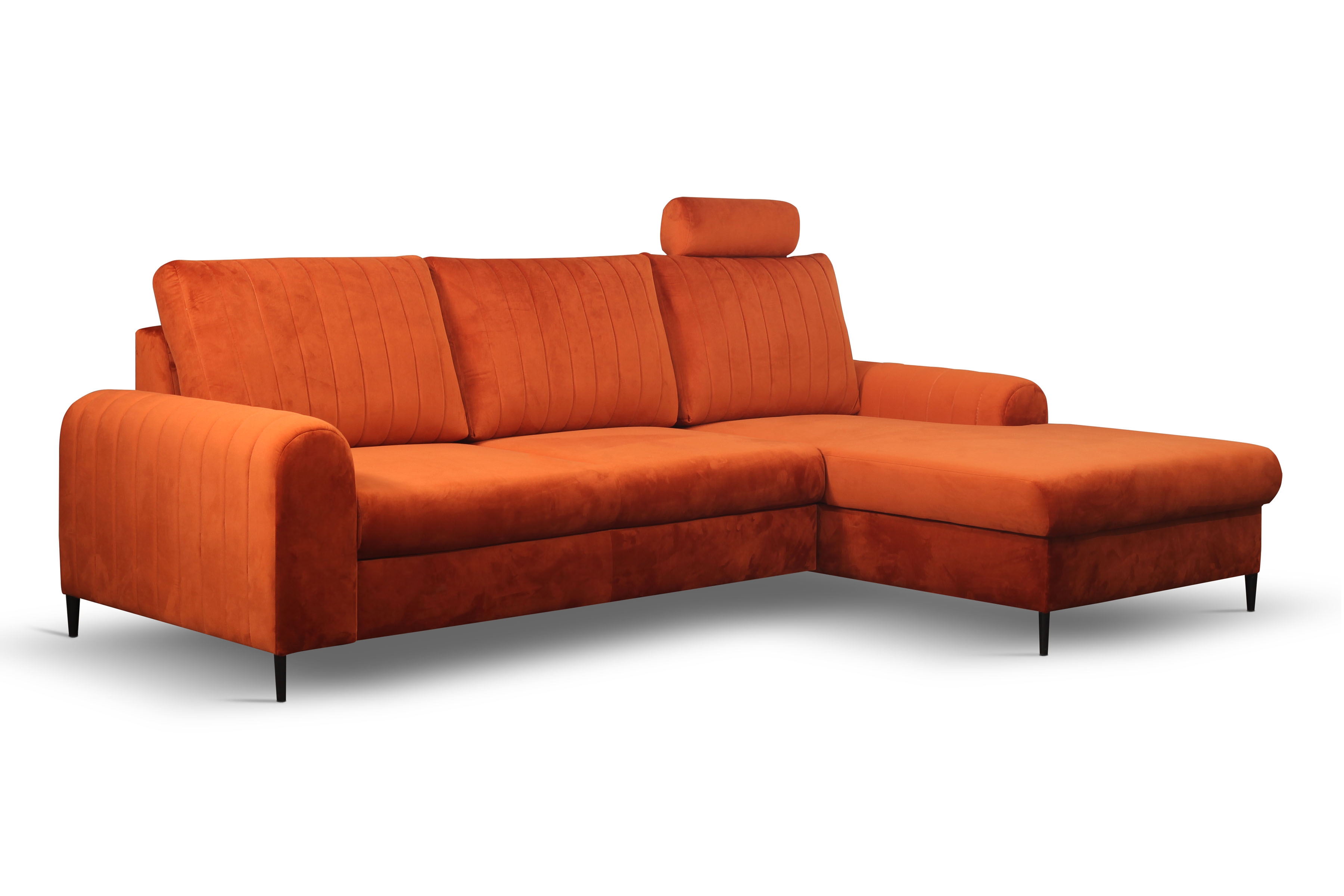 Rozkládací rohová sedací souprava Lumer pravá - oranžový samet Velluto 33 / černé nožky Rohová sedací souprava Lumer s funkcí spaní pravá strana - Oranžový samet Velluto 33/černé nozki