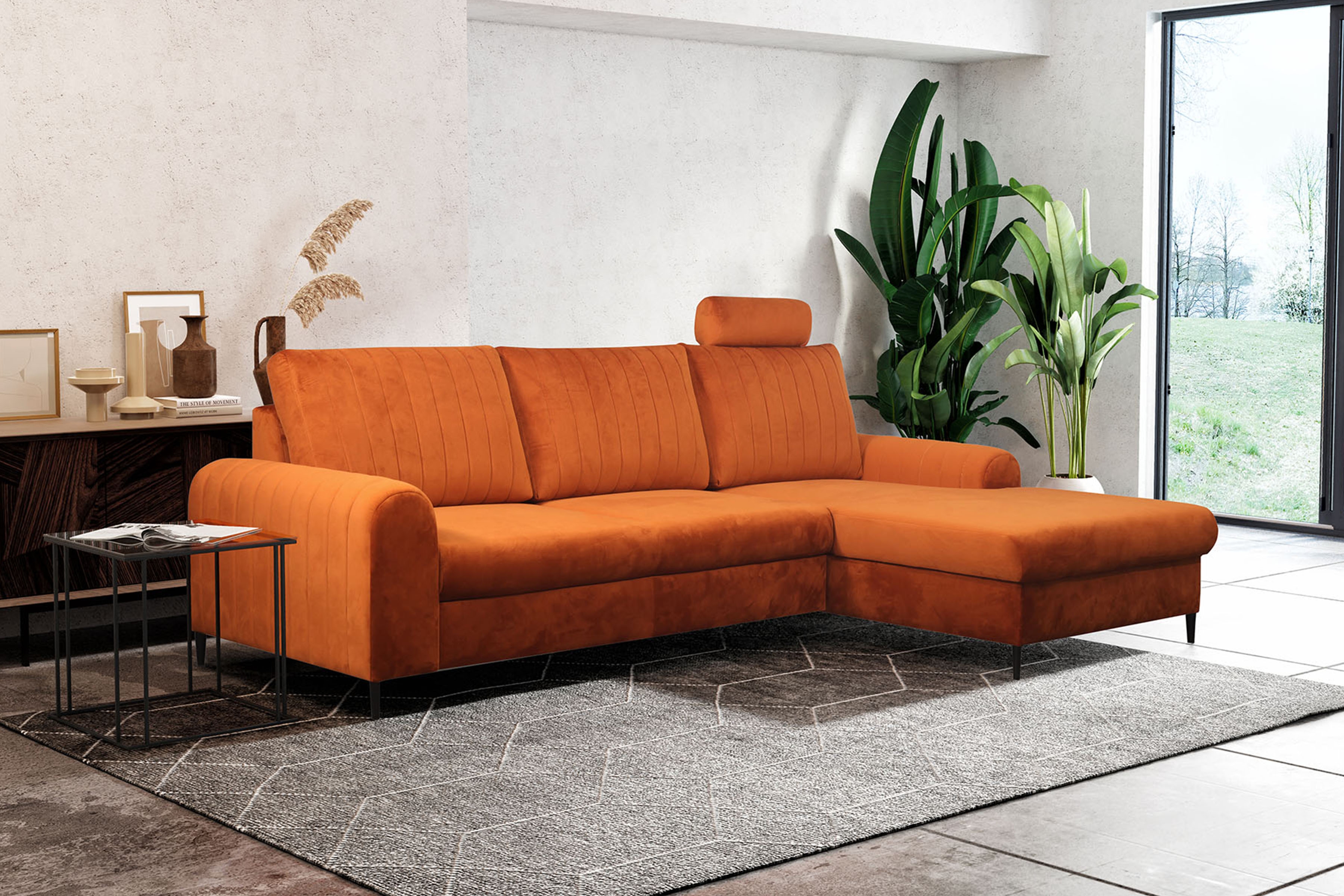 Rozkládací rohová sedací souprava Lumer pravá - oranžový samet Velluto 33 / černé nožky Rohová sedací souprava Lumer s funkcí spaní pravá strana - Oranžový samet Velluto 33/černé nozki