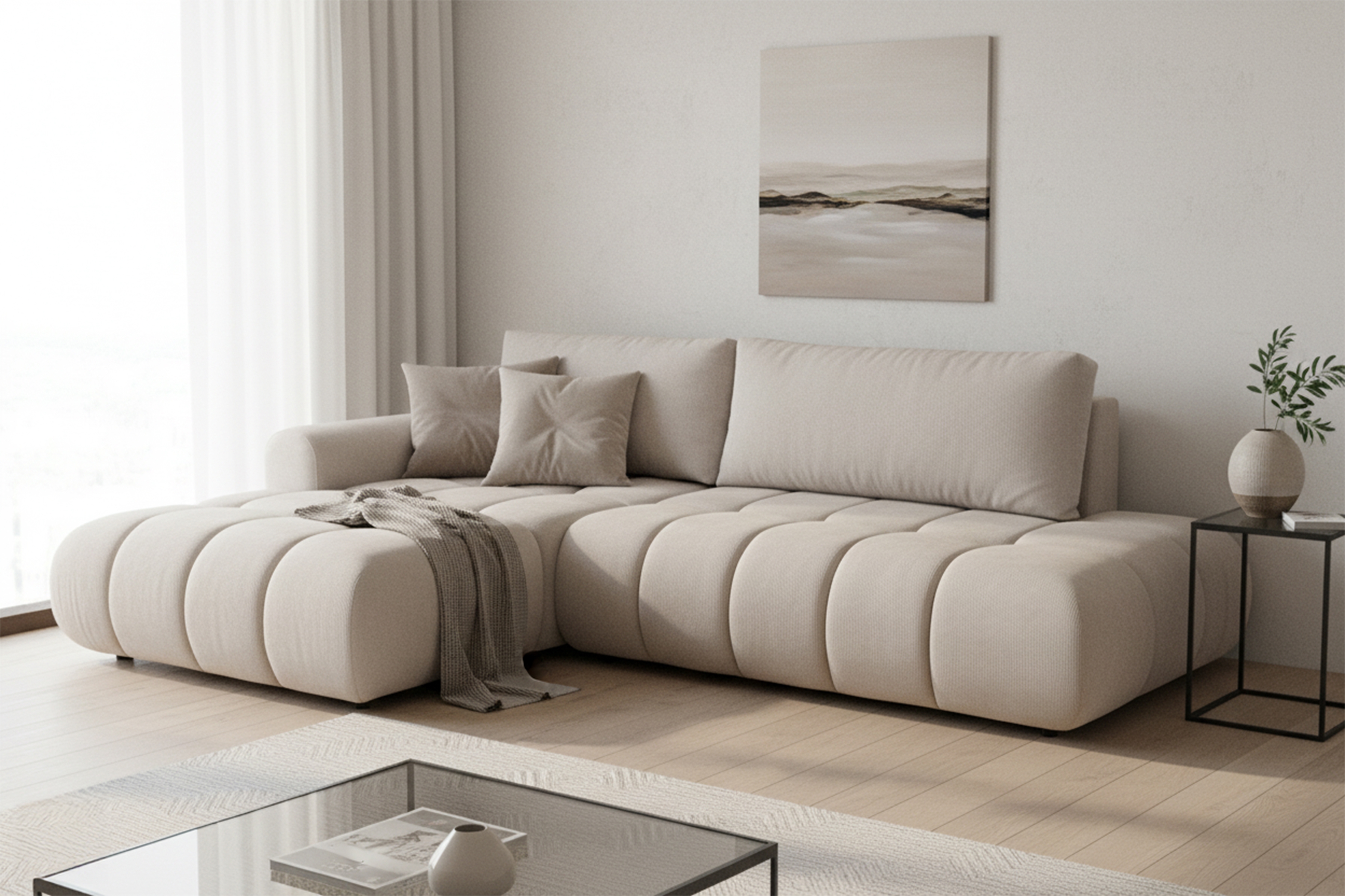 Rohová rozkládací pohovka Lutario L II levá s funkcí spánku - béžová hydrofobní tkanina Venice 2026 Rohová sedací souprava Lutario L II rozkládací levá - béžová plecionka hydrofobowa Venice 2026