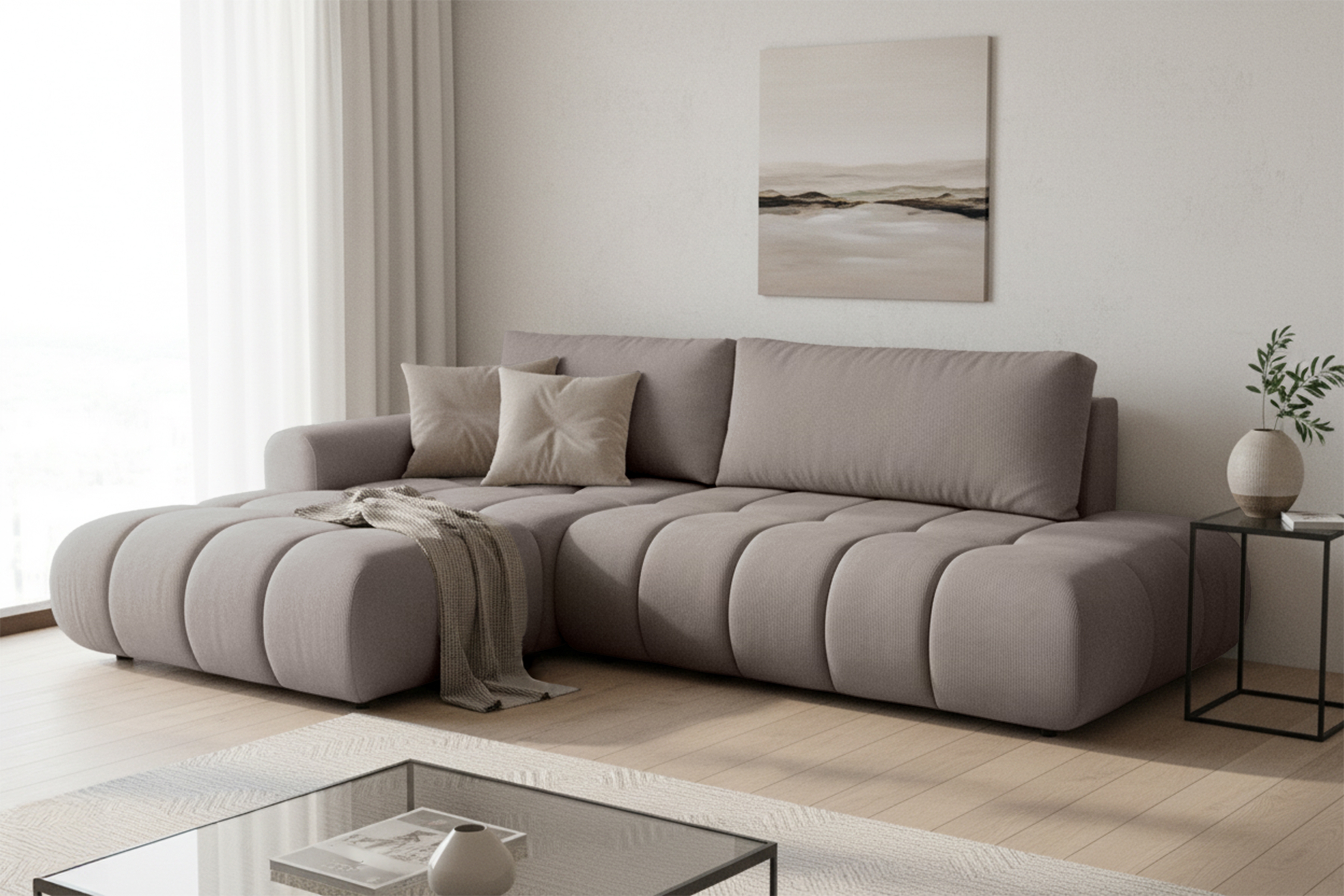 Rohová rozkládací pohovka Lutario L II levá s funkcí spánku - tmavě béžová hydrofobní tkanina Venice 2031 Rohová sedací souprava Lutario L II rozkládací levá - ciemnobezowa plecionka hydrofobowa Venice 2031