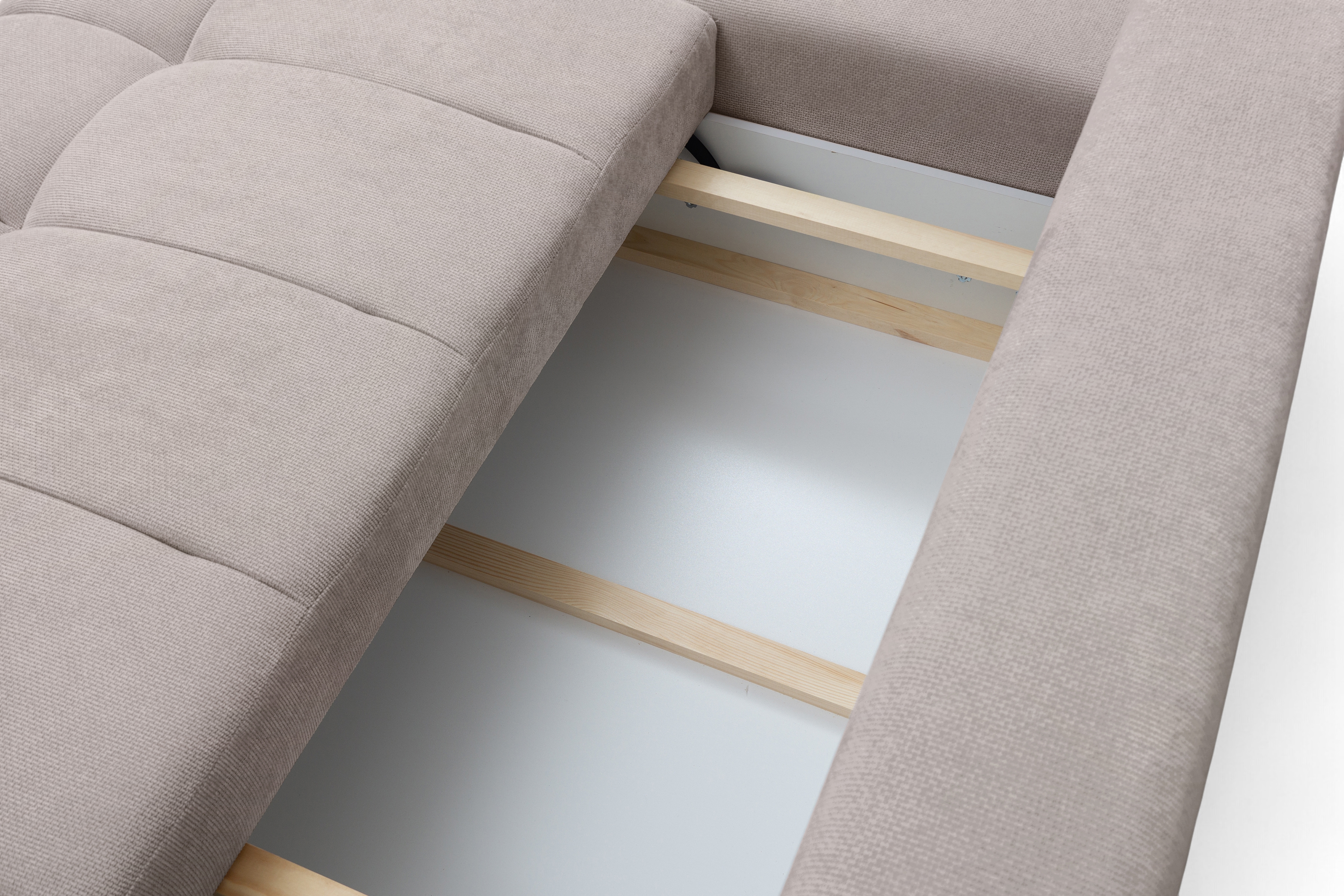 Rohová rozkládací pohovka Lutario L II levá s funkcí spánku - tmavě béžová hydrofobní tkanina Venice 2031 Rohová sedací souprava Lutario L II rozkládací levá - ciemnobezowa plecionka hydrofobowa Venice 2031