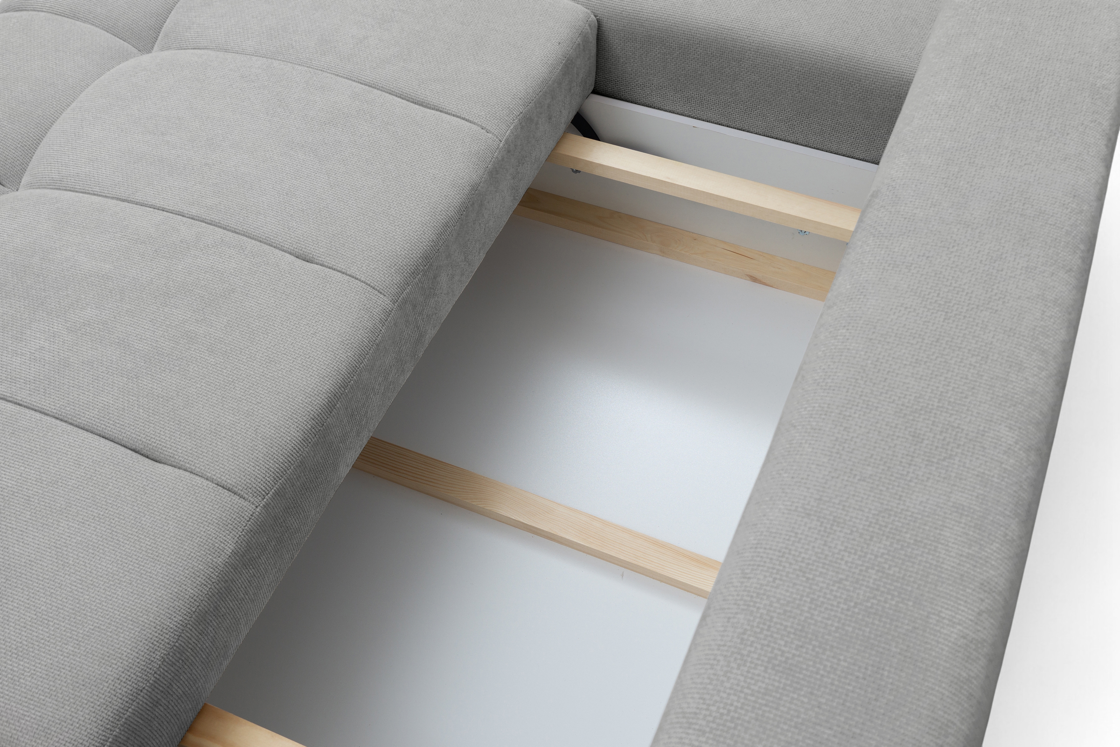 Rohová rozkládací pohovka Lutario L II levá s funkcí spánku - šedá hydrofobní tkanina Venice 2023 Rohová sedací souprava Lutario L II rozkládací levá - šedá plecionka hydrofobowa Venice 2023