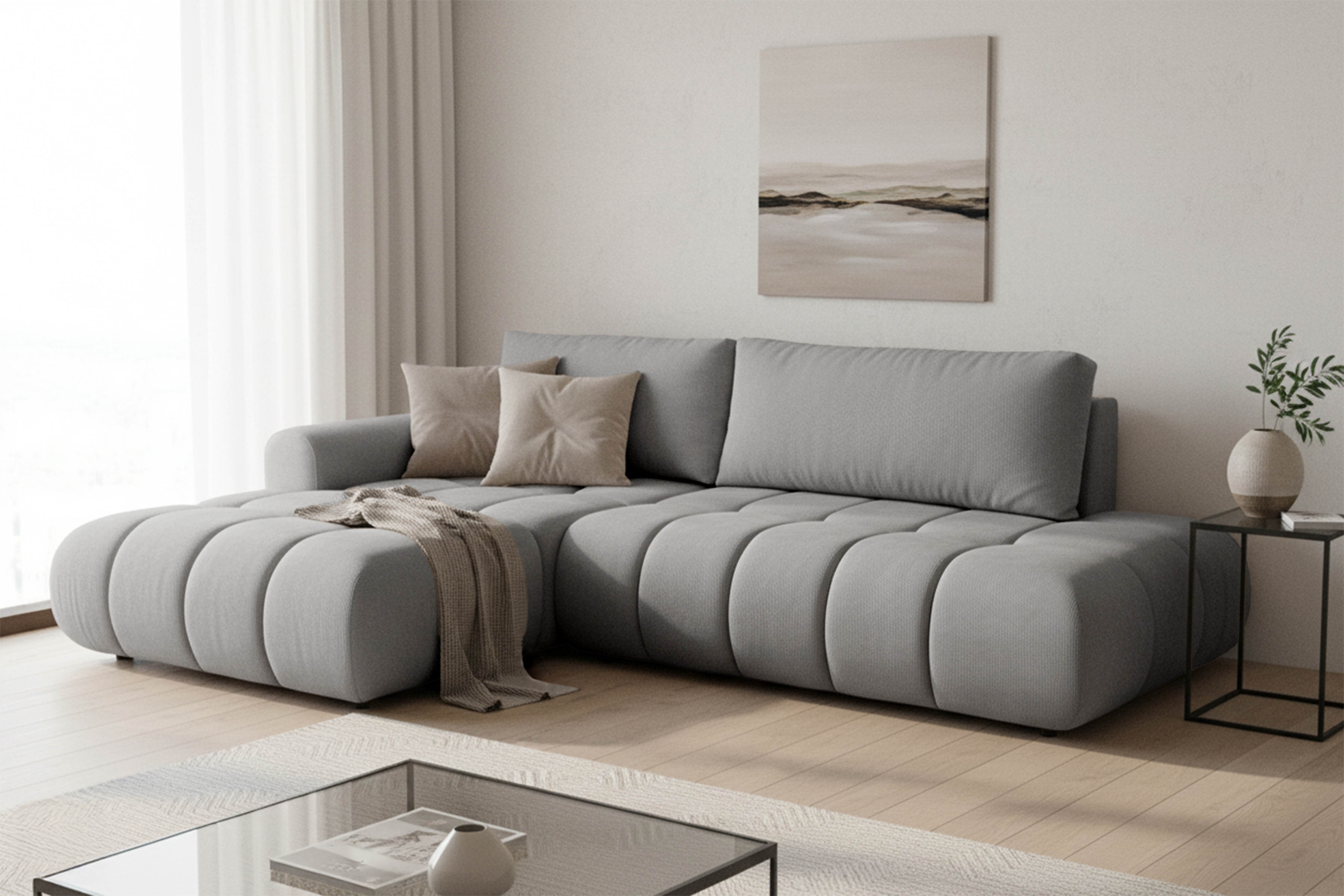 Rohová rozkládací pohovka Lutario L II levá s funkcí spánku - šedá hydrofobní tkanina Venice 2023 Rohová sedací souprava Lutario L II rozkládací levá - šedá plecionka hydrofobowa Venice 2023