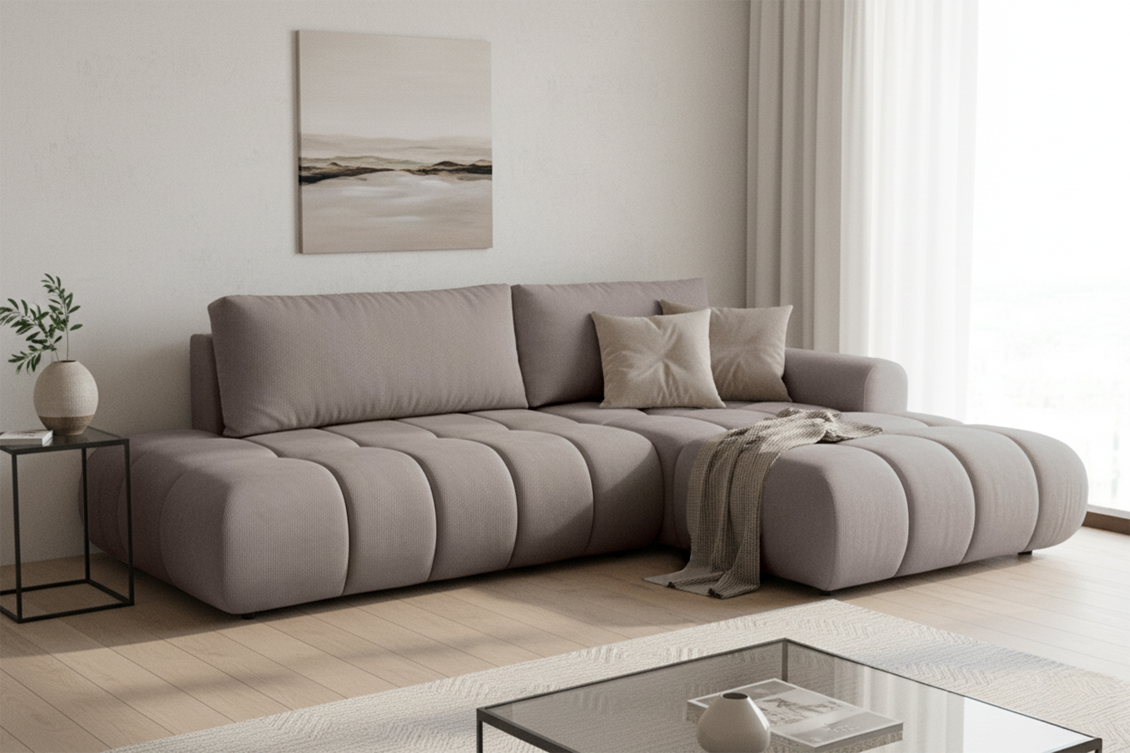 Rohová rozkládací pohovka Lutario L II pravá s funkcí spánku - tmavě béžová hydrofobní tkanina Venice 2031 Rohová sedací souprava Lutario L II rozkládací pravá - ciemnobezowa plecionka hydrofobowa Venice 2031