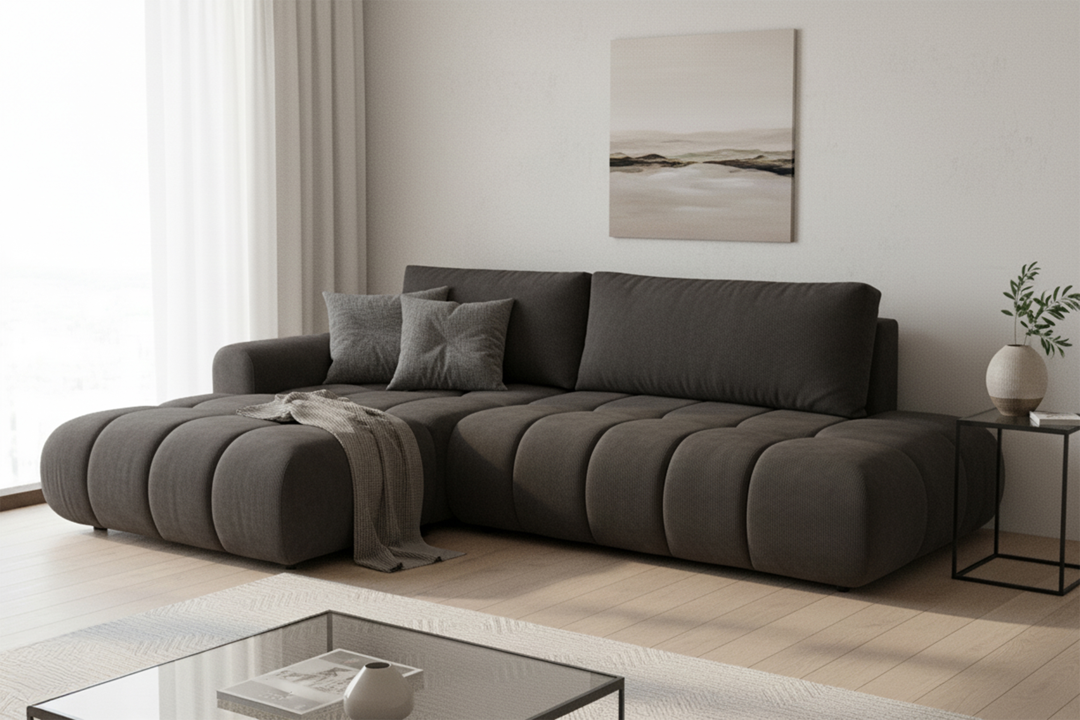 Rohová rozkládací pohovka Lutario L II pravá s funkcí spánku - tmavě šedá hydrofobní tkanina Venice 2021 Rohová sedací souprava Lutario L II rozkládací pravá - ciemnoszara plecionka hydrofobowa Venice 2021