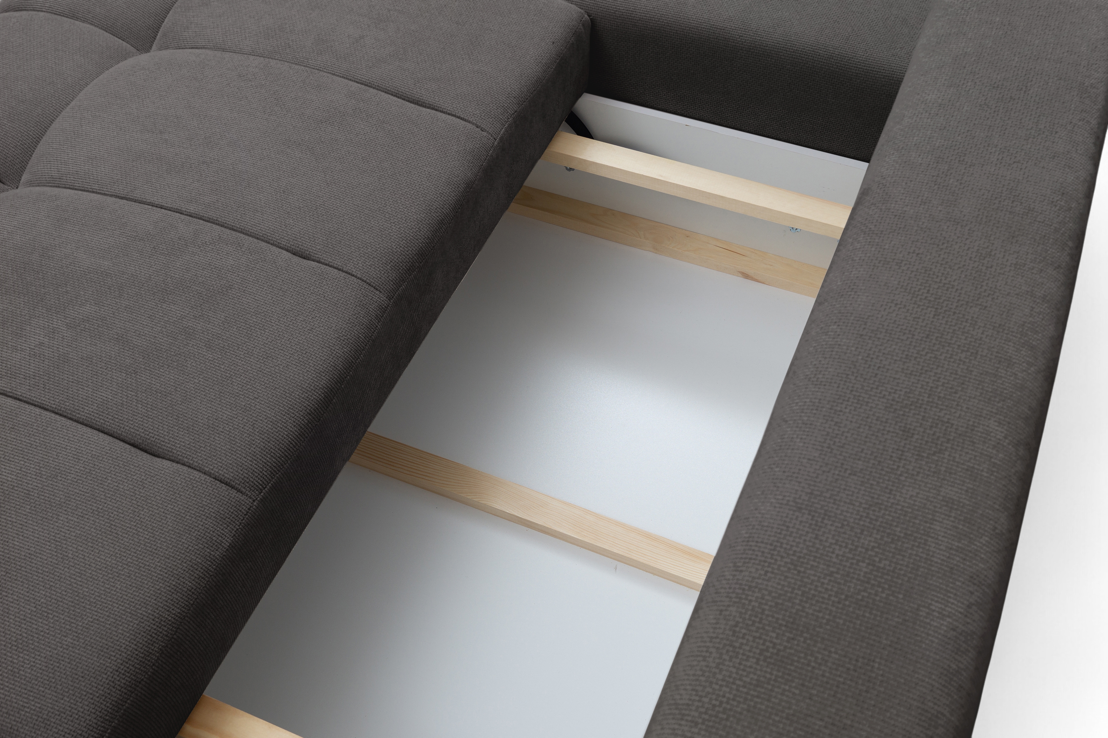 Rohová rozkládací pohovka Lutario L II pravá s funkcí spánku - tmavě šedá hydrofobní tkanina Venice 2021 Rohová sedací souprava Lutario L II rozkládací pravá - ciemnoszara plecionka hydrofobowa Venice 2021