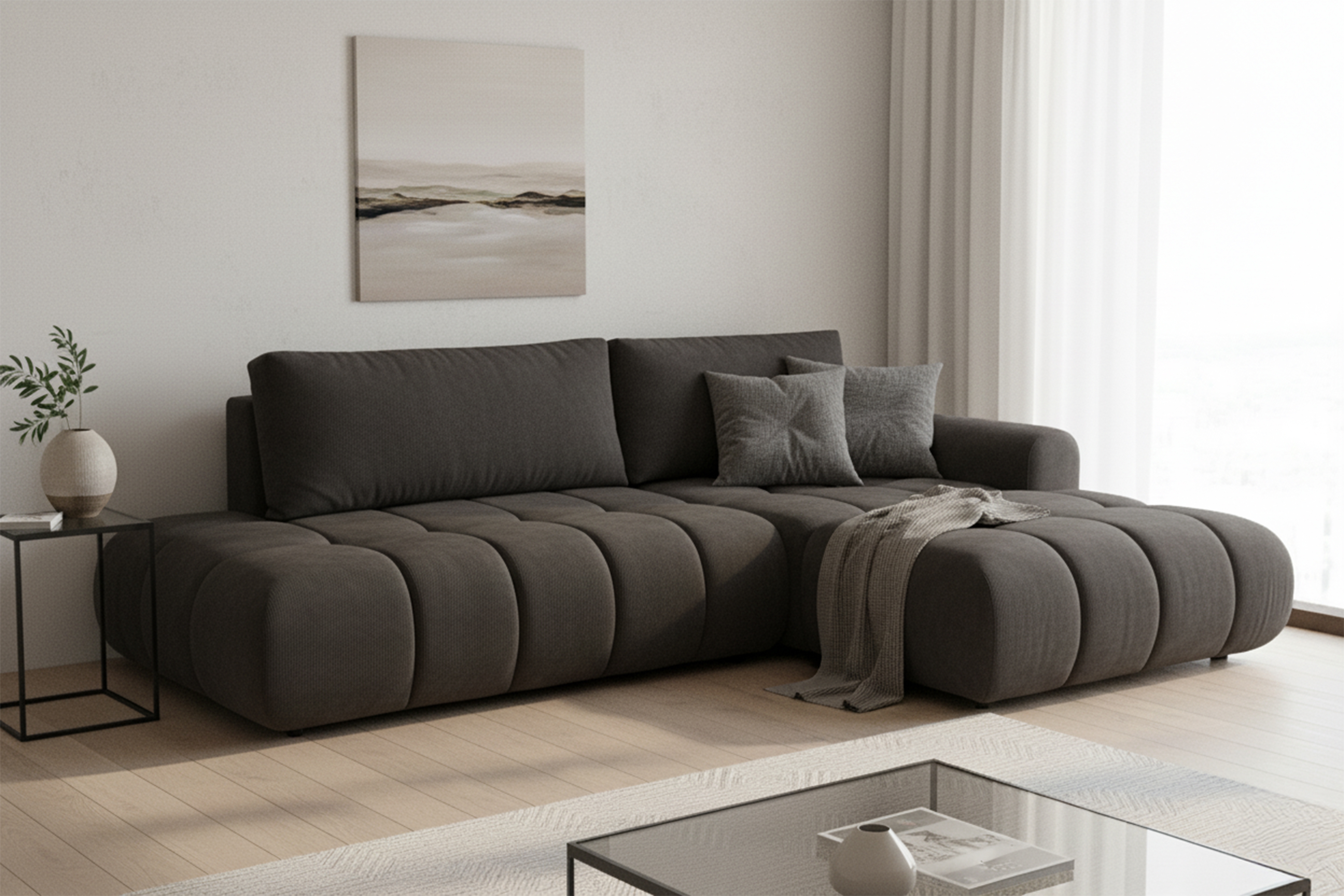 Rozkladacia rohová sedačka Lutario L II pravá - tmavosivá hydrofóbna pletenina Venice 2021 Rohová sedacia súprava Lutario L II s funkciou spánku pravá strana - ciemnoszara plecionka hydrofobowa Venice 2021