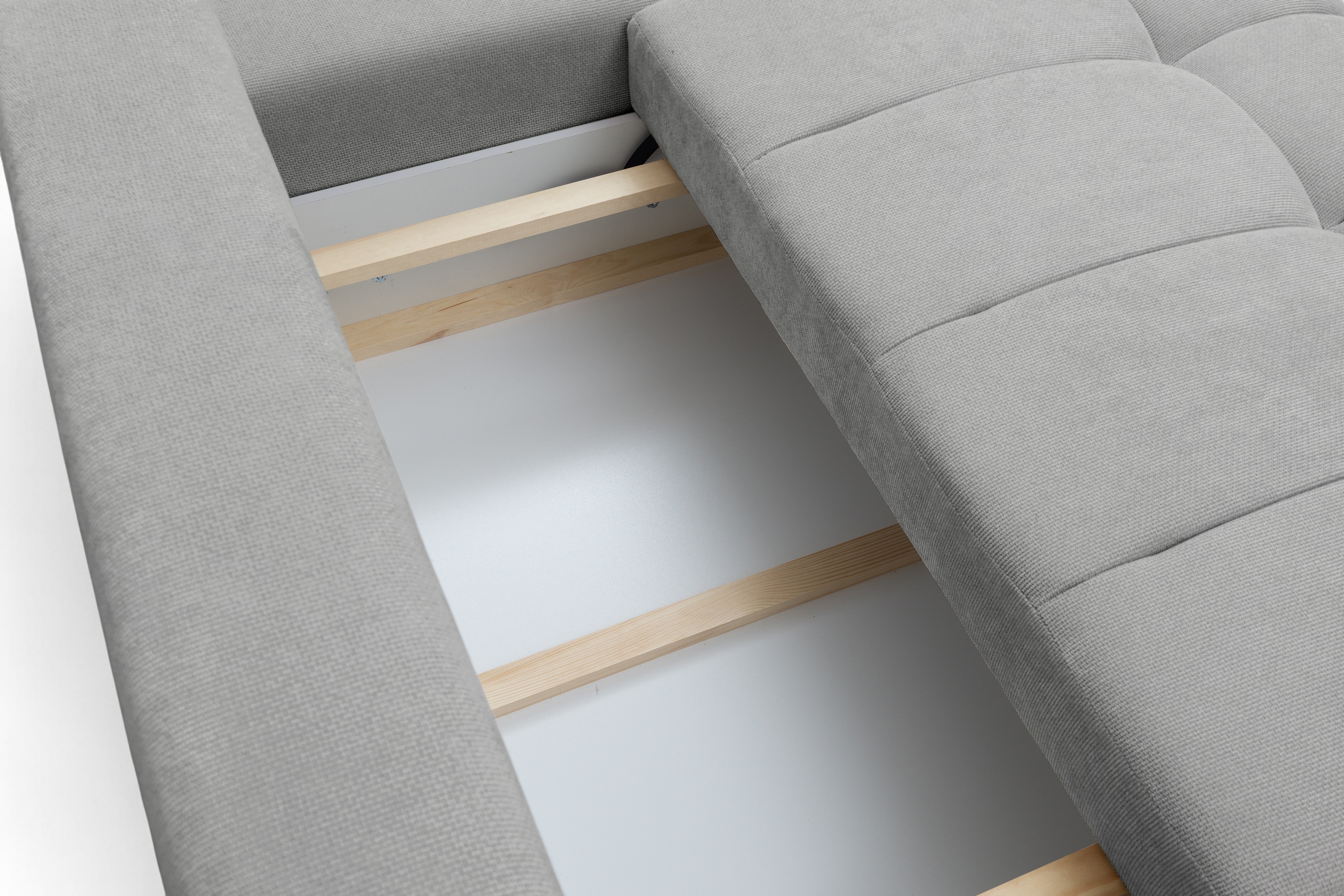 Rohová rozkládací pohovka Lutario L II pravá s funkcí spánku - šedá hydrofobní tkanina Venice 2023 Rohová sedací souprava Lutario L II rozkládací pravá - šedá plecionka hydrofobowa Venice 2023