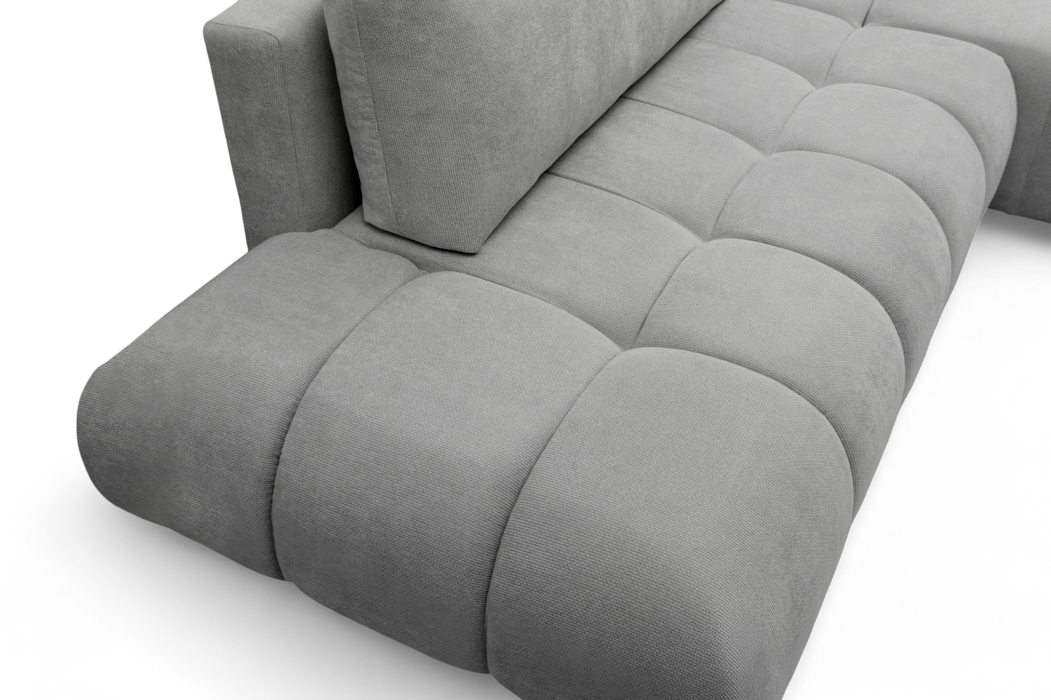 Rohová rozkládací pohovka Lutario L II pravá s funkcí spánku - šedá hydrofobní tkanina Venice 2023 Rohová sedací souprava Lutario L II rozkládací pravá - šedá plecionka hydrofobowa Venice 2023