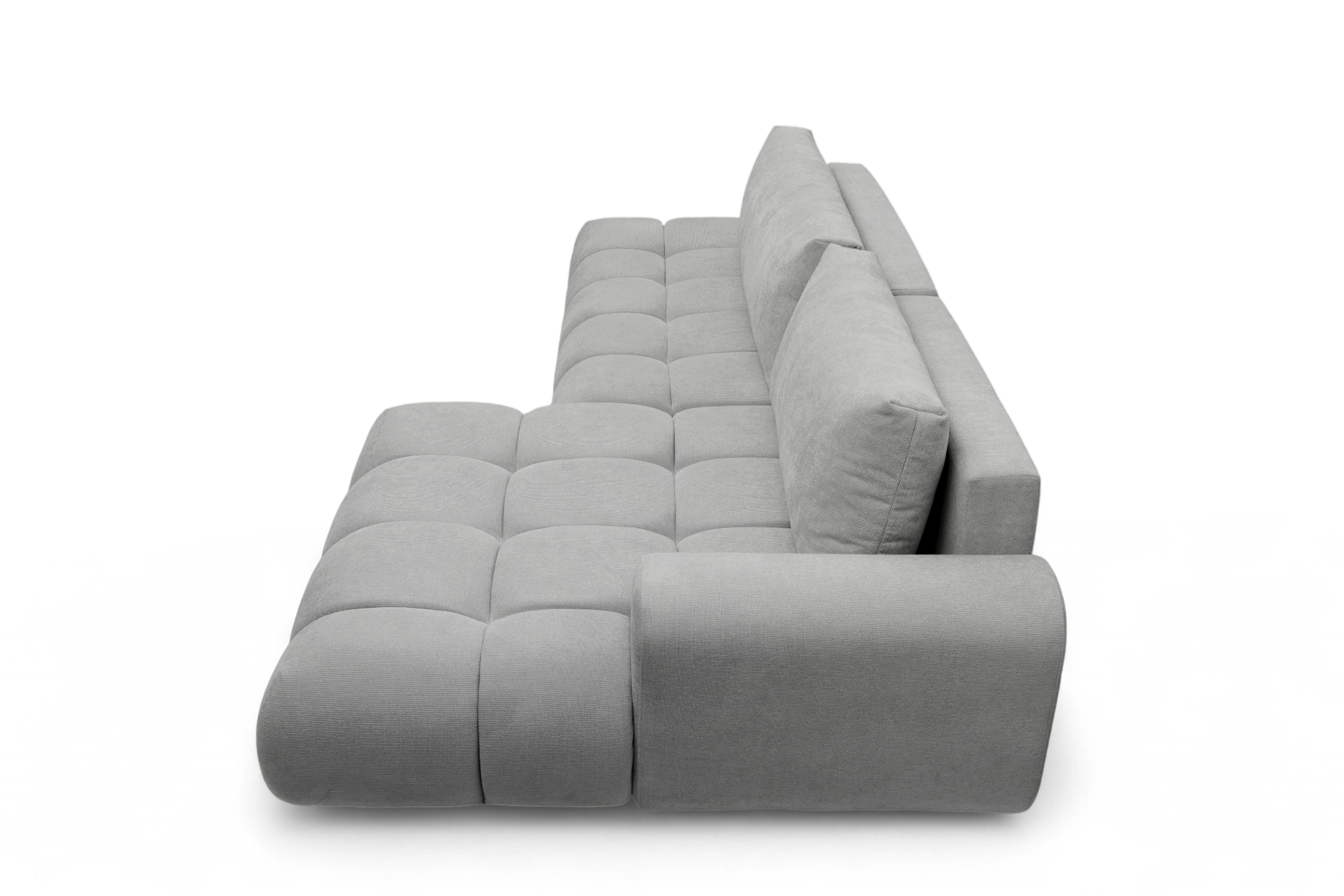 Rohová rozkládací pohovka Lutario L II pravá s funkcí spánku - šedá hydrofobní tkanina Venice 2023 Rohová sedací souprava Lutario L II rozkládací pravá - šedá plecionka hydrofobowa Venice 2023