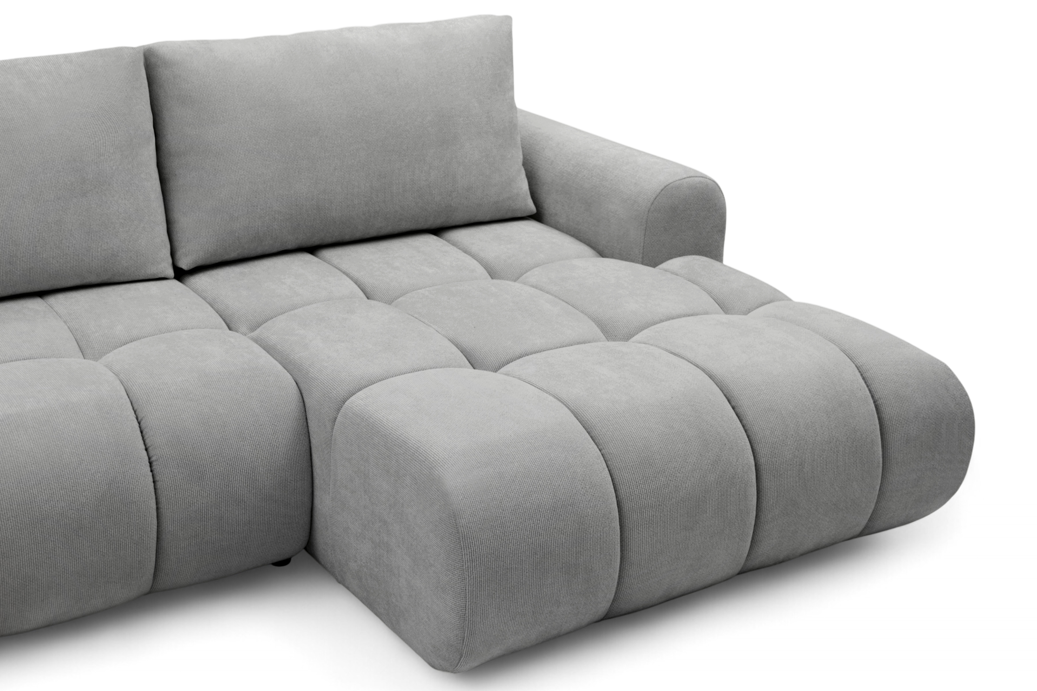 Rohová rozkládací pohovka Lutario L II pravá s funkcí spánku - šedá hydrofobní tkanina Venice 2023 Rohová sedací souprava Lutario L II rozkládací pravá - šedá plecionka hydrofobowa Venice 2023