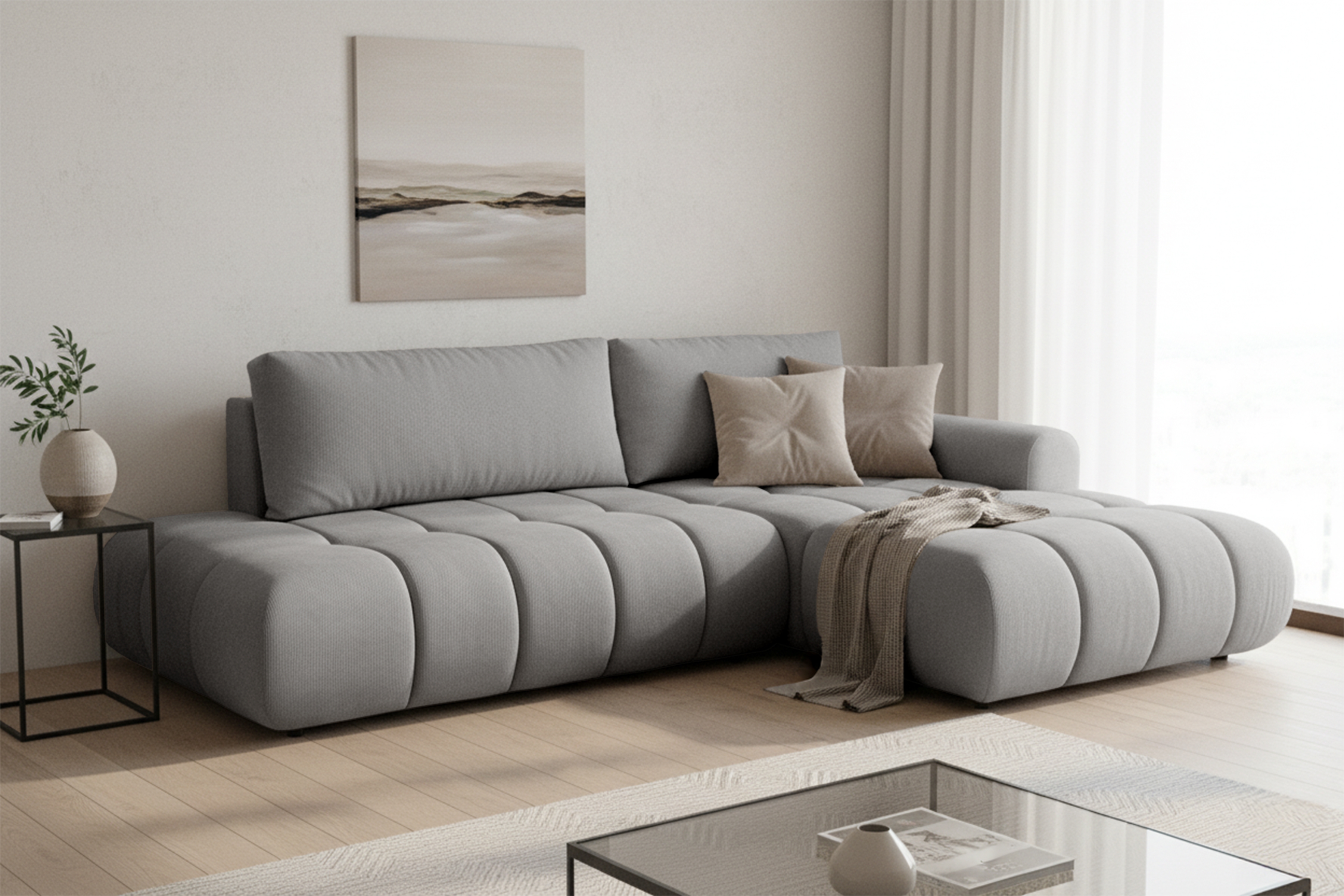 Rohová rozkládací pohovka Lutario L II pravá s funkcí spánku - šedá hydrofobní tkanina Venice 2023 Rohová sedací souprava Lutario L II rozkládací pravá - šedá plecionka hydrofobowa Venice 2023