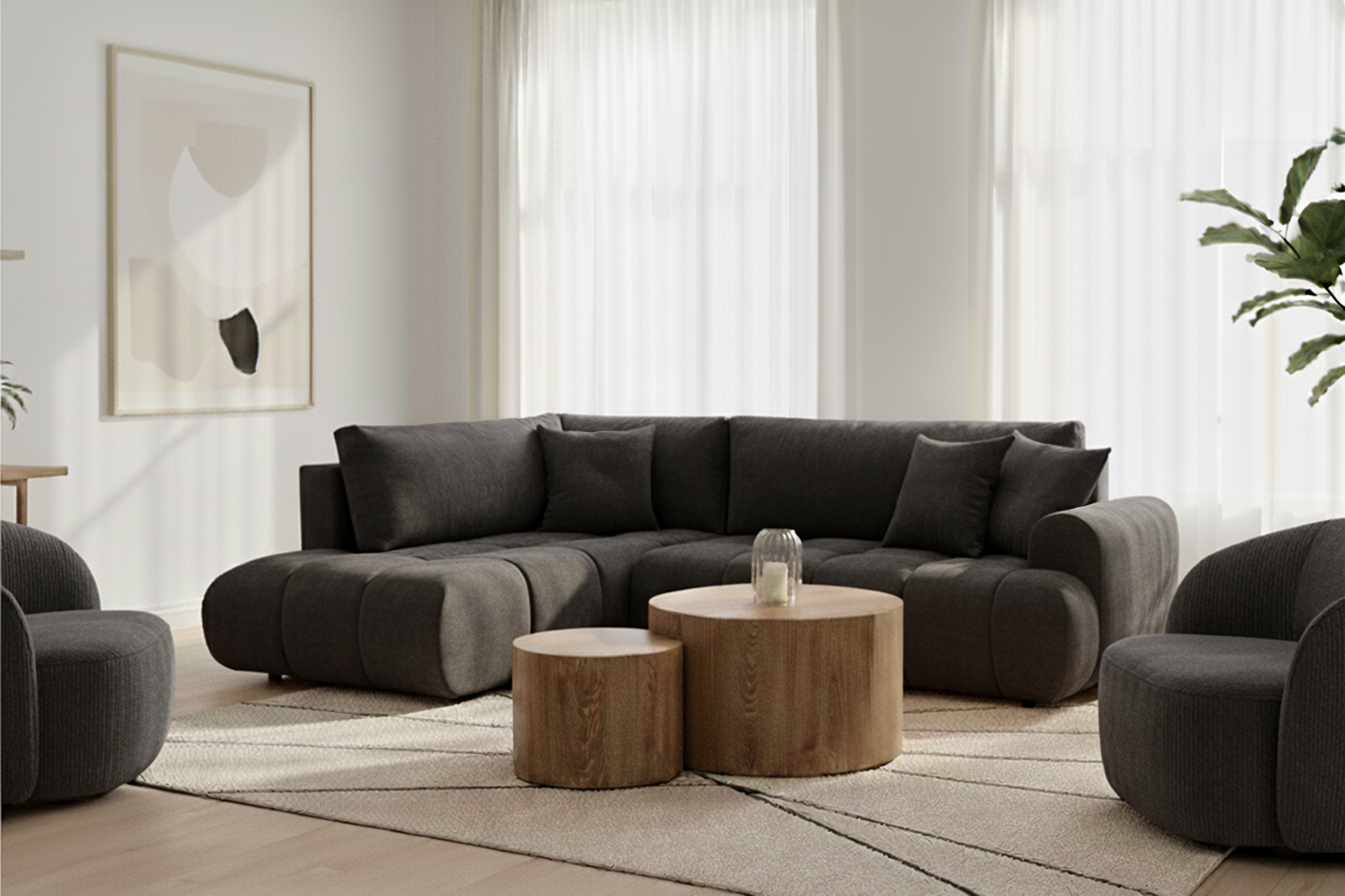 Rohová sedacia súprava Lutario L ľavá s funkciou spania - tmavosivá hydrofóbna pletená látka Venice 2021 Rohová sedacia súprava Lutario L s funkciou spánku Ľavá strana - ciemnoszara plecionka hydrofobowa Venice 2021