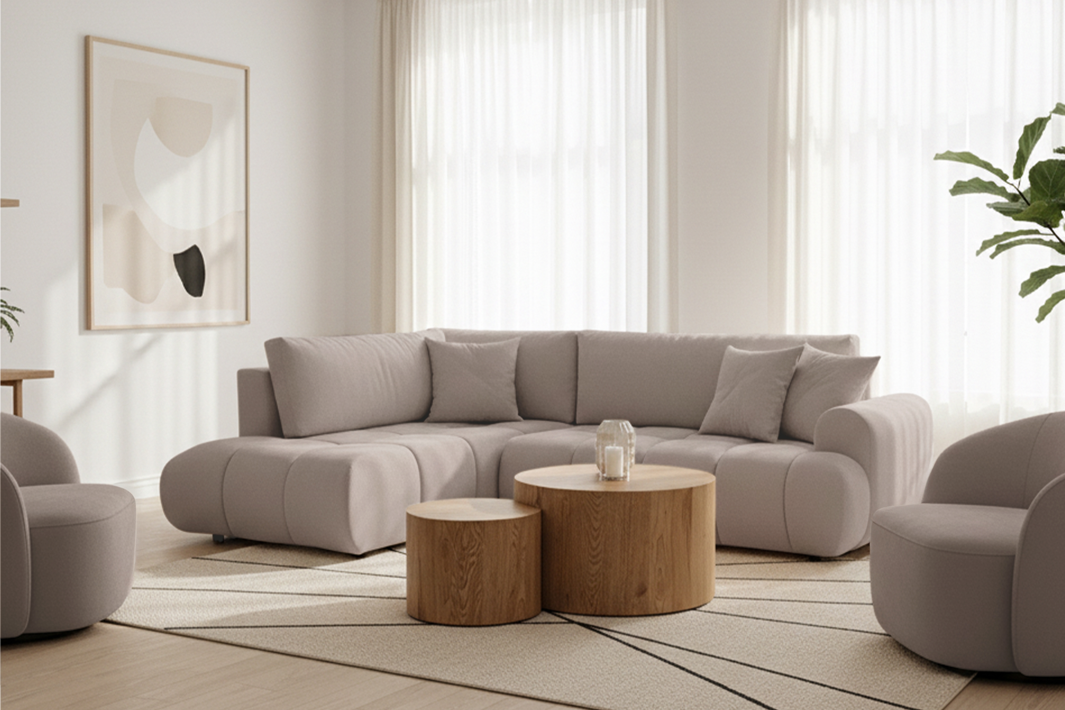 Rohová rozkládací pohovka Lutario L levá s funkcí spánku - tmavě béžová hydrofobní tkanina Venice 2031 Rohová sedací souprava Lutario L rozkládací levá - ciemnobezowa plecionka hydrofobowa Venice 2031