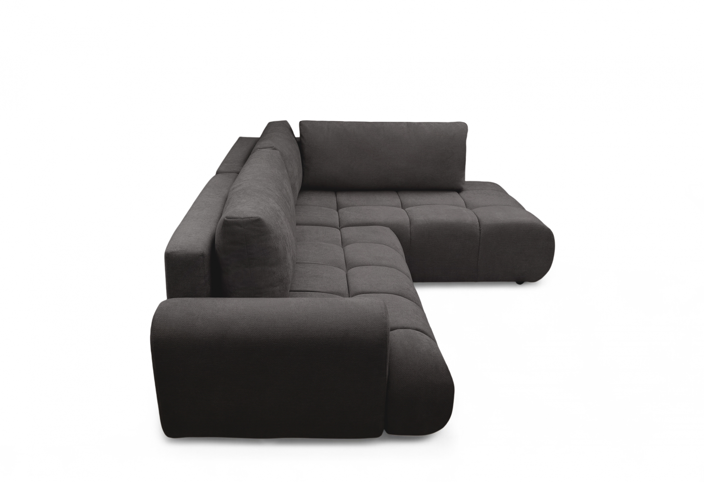 Rohová sedacia súprava Lutario L pravá s funkciou spania - tmavosivá hydrofóbna pletená látka Venice 2021 Rohová sedacia súprava Lutario L s funkciou spánku pravá strana - ciemnoszara plecionka hydrofobowa Venice 2021
