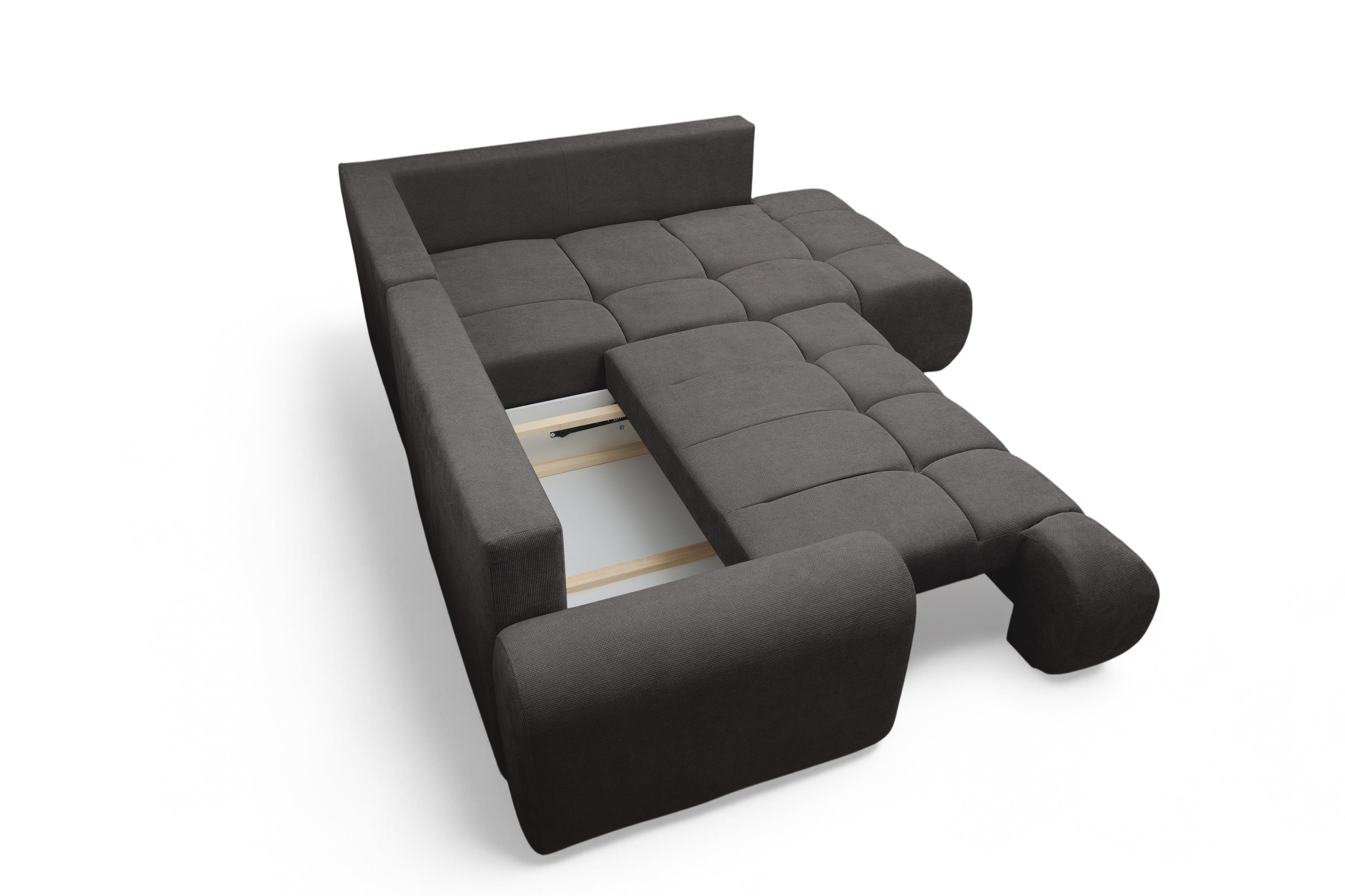 Rohová sedacia súprava Lutario L pravá s funkciou spania - tmavosivá hydrofóbna pletená látka Venice 2021 Rohová sedacia súprava Lutario L s funkciou spánku pravá strana - ciemnoszara plecionka hydrofobowa Venice 2021