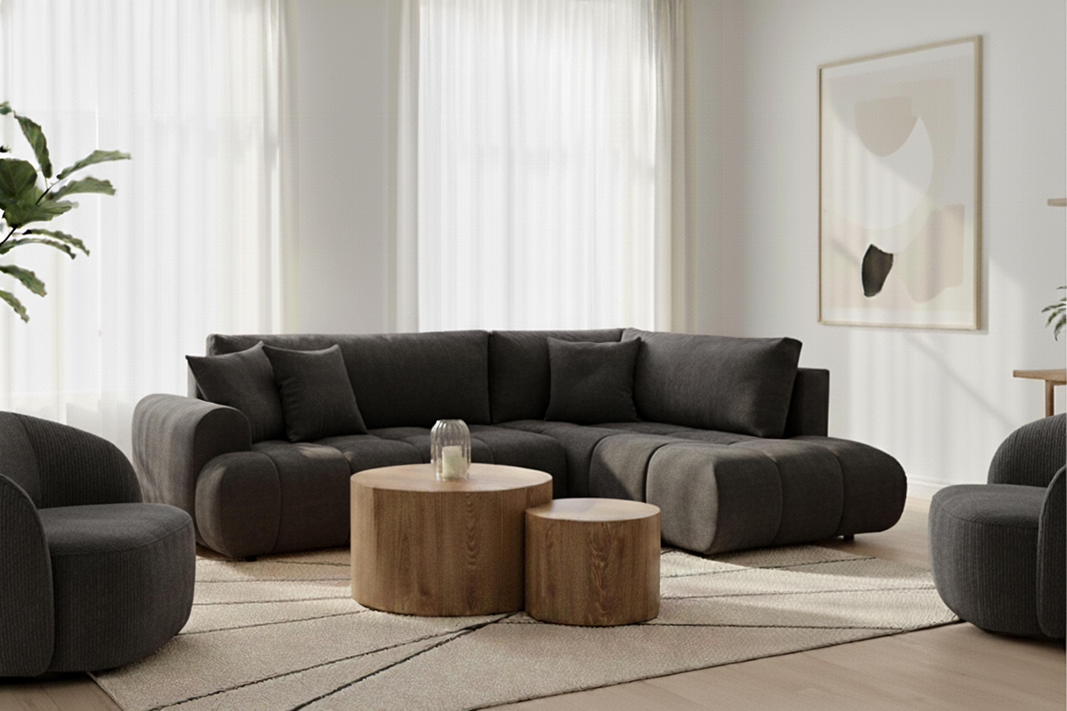 Rohová sedacia súprava Lutario L pravá s funkciou spania - tmavosivá hydrofóbna pletená látka Venice 2021 Rohová sedacia súprava Lutario L s funkciou spánku pravá strana - ciemnoszara plecionka hydrofobowa Venice 2021