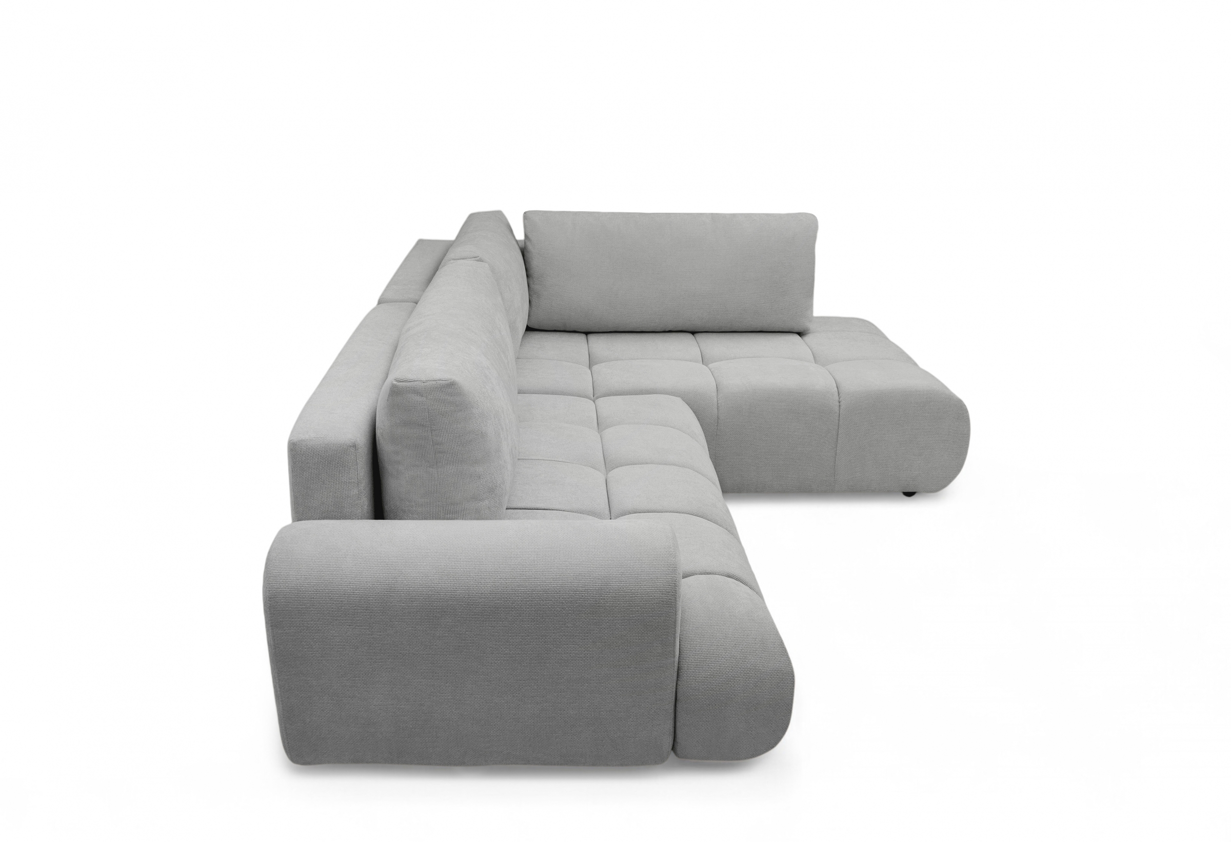 Rohová sedacia súprava Lutario L pravá s funkciou spania - sivá hydrofóbna pletená látka Venice 2023 Rohová sedacia súprava Lutario L s funkciou spánku pravá strana - šedá plecionka hydrofobowa Venice 2023