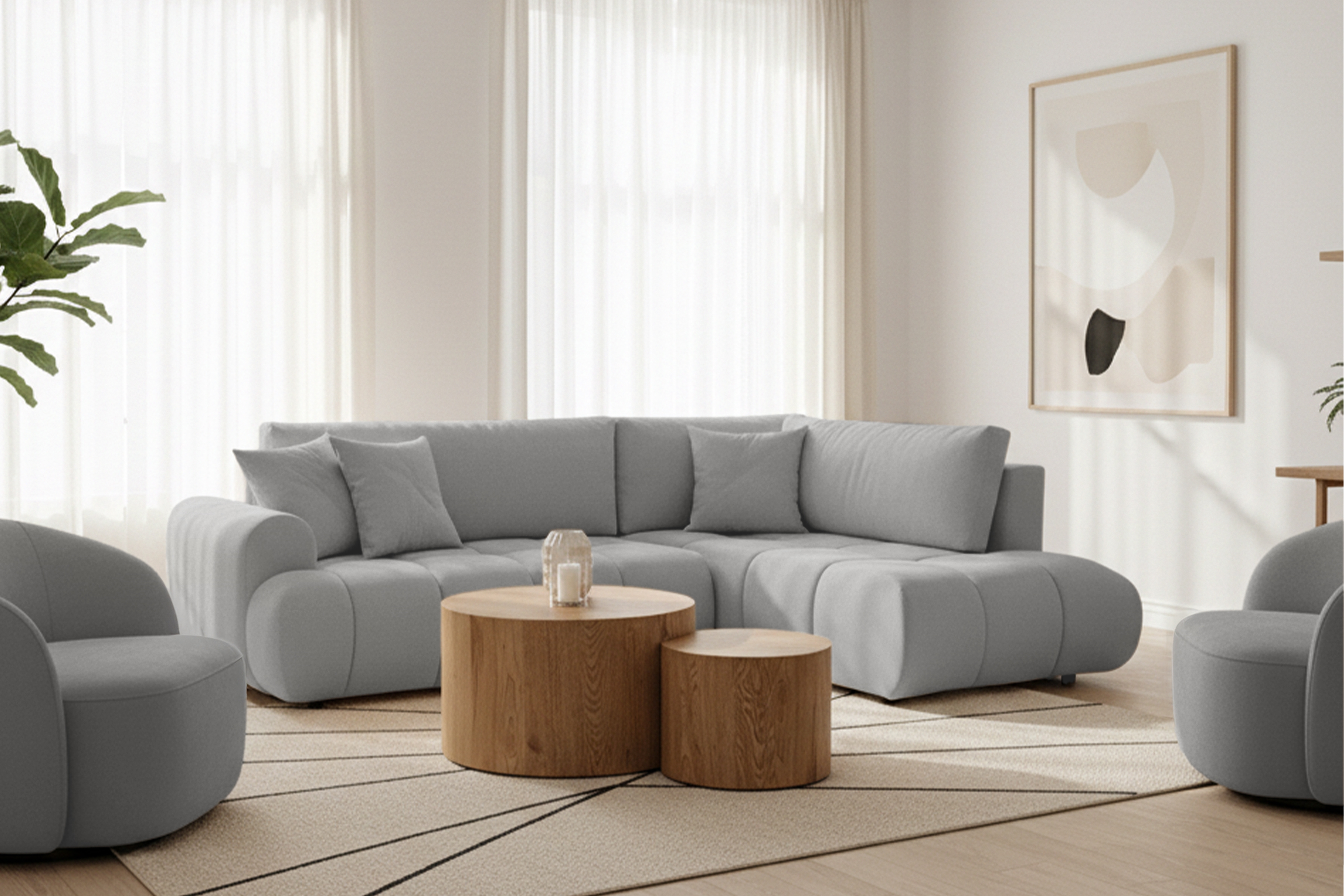 Rohová sedacia súprava Lutario L pravá s funkciou spania - sivá hydrofóbna pletená látka Venice 2023 Rohová sedacia súprava Lutario L s funkciou spánku pravá strana - šedá plecionka hydrofobowa Venice 2023