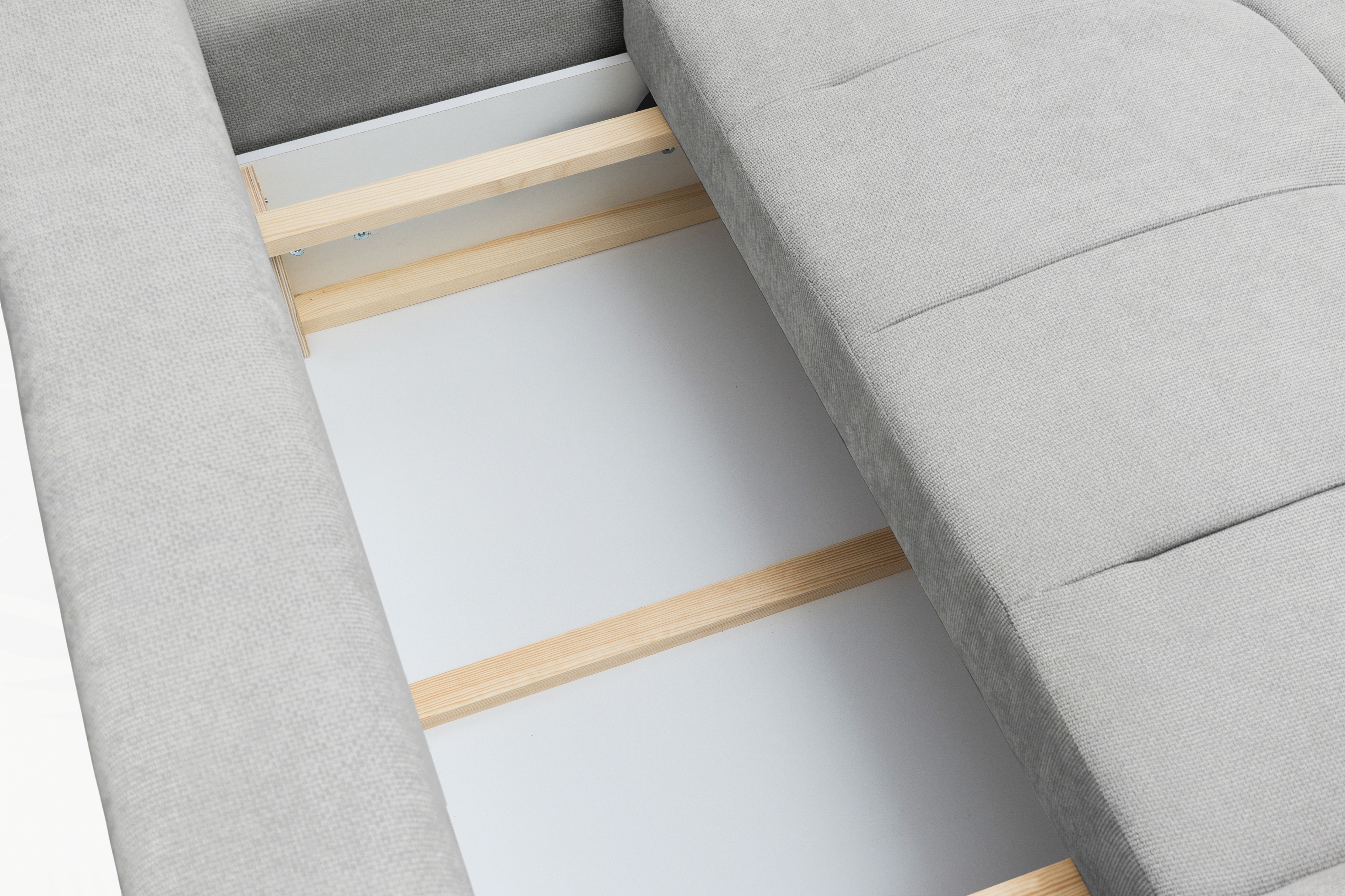 Rohová sedacia súprava Lutario L pravá s funkciou spania - sivá hydrofóbna pletená látka Venice 2023 Rohová sedacia súprava Lutario L s funkciou spánku pravá strana - šedá plecionka hydrofobowa Venice 2023