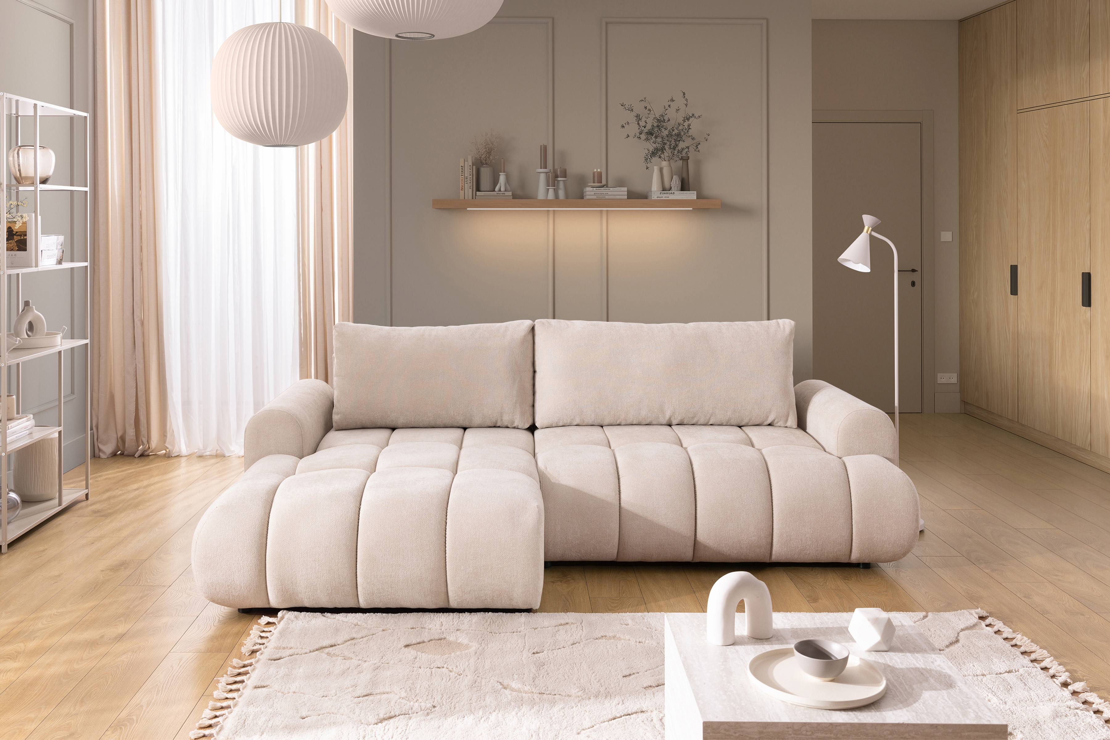 Rozkládací rohová sedací souprava Lutario Mini levá - béžová Venice 2026 Rohová sedací souprava Lutario Mini rozkládací levá - béžová plecionka hydrofobowa Venice 2026