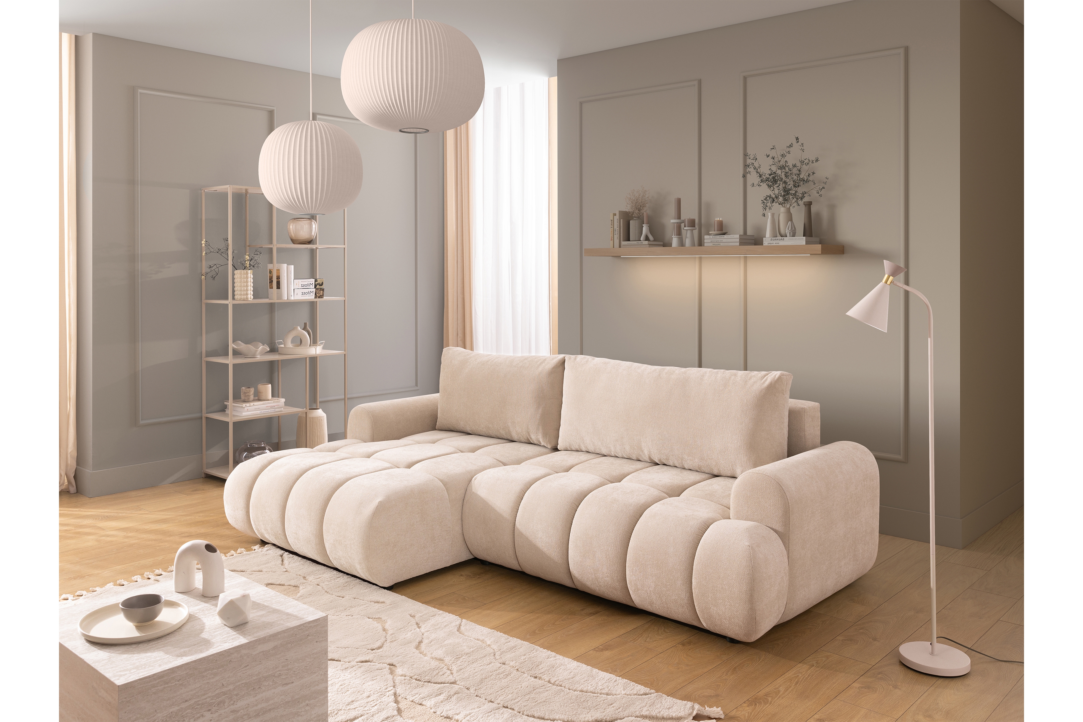 Rozkládací rohová sedací souprava Lutario Mini levá - béžová Venice 2026 Rohová sedací souprava Lutario Mini rozkládací levá - béžová plecionka hydrofobowa Venice 2026