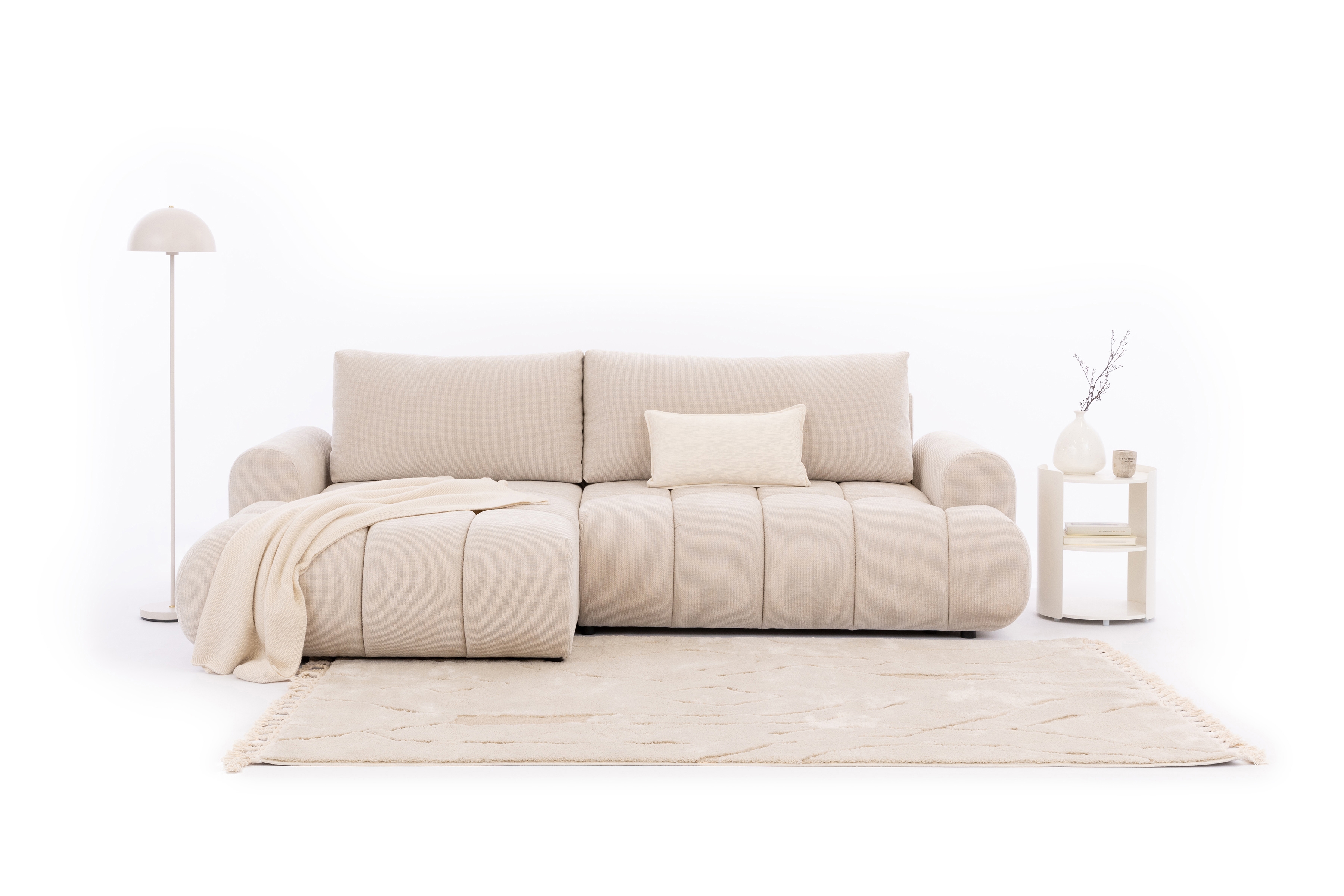 Rozkládací rohová sedací souprava Lutario Mini levá - béžová Venice 2026 Rohová sedací souprava Lutario Mini rozkládací levá - béžová plecionka hydrofobowa Venice 2026