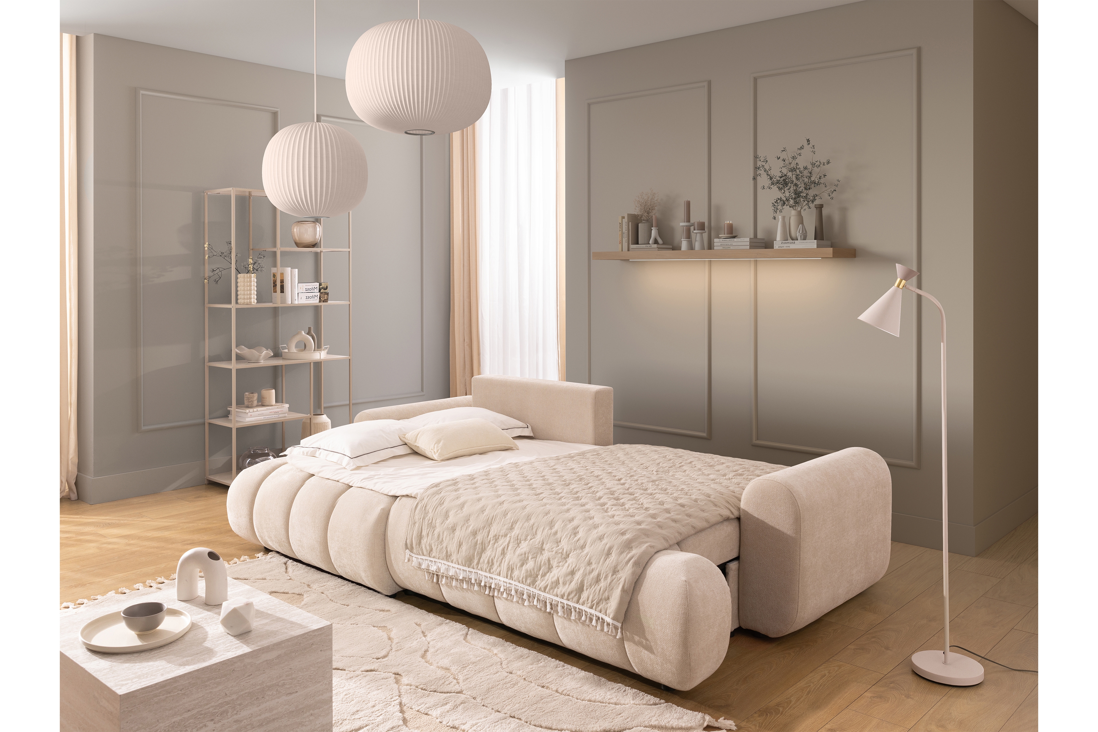 Rozkládací rohová sedací souprava Lutario Mini levá - béžová Venice 2026 Rohová sedací souprava Lutario Mini rozkládací levá - béžová plecionka hydrofobowa Venice 2026