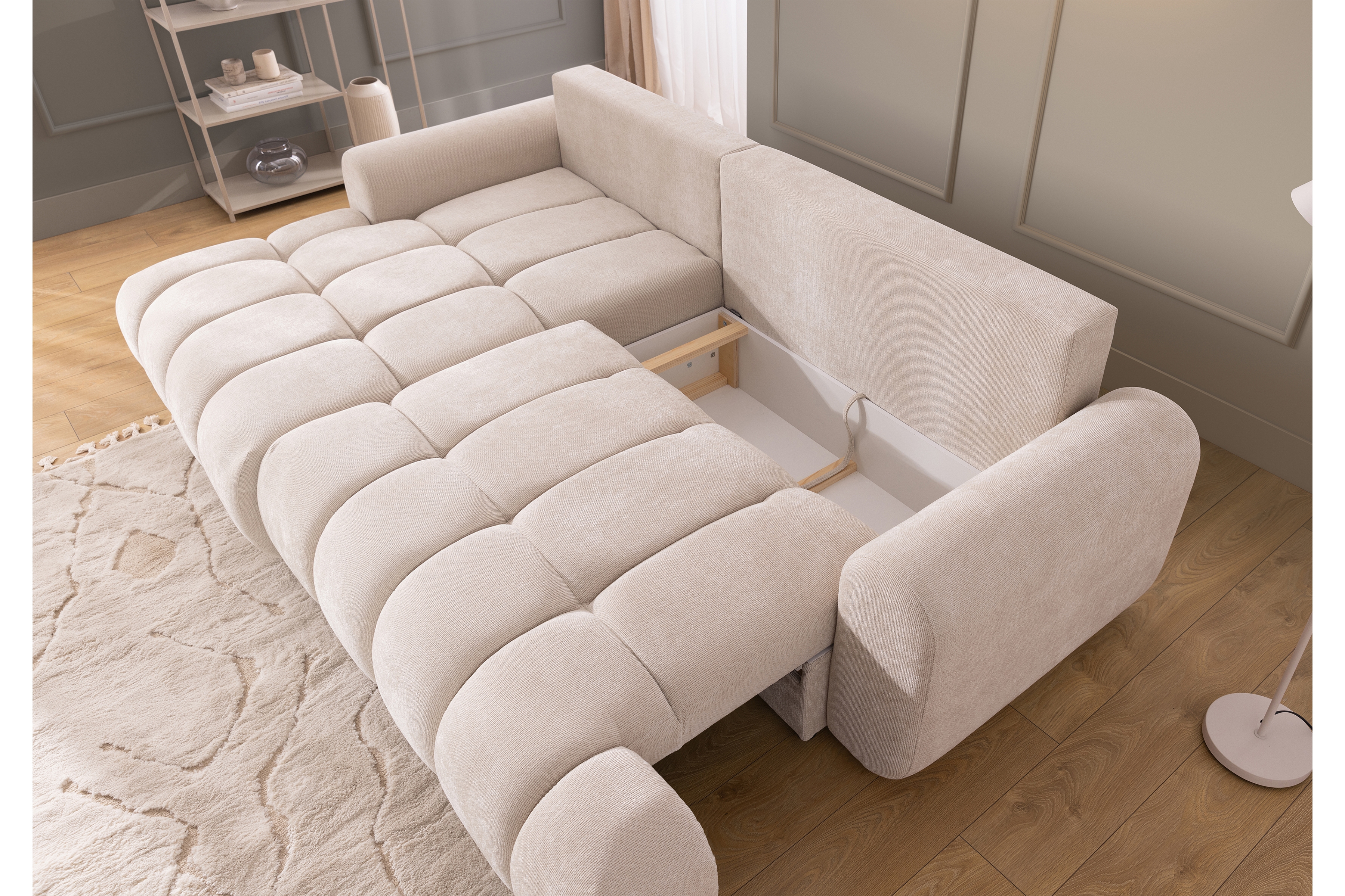 Rozkládací rohová sedací souprava Lutario Mini levá - béžová Venice 2026 Rohová sedací souprava Lutario Mini rozkládací levá - béžová plecionka hydrofobowa Venice 2026