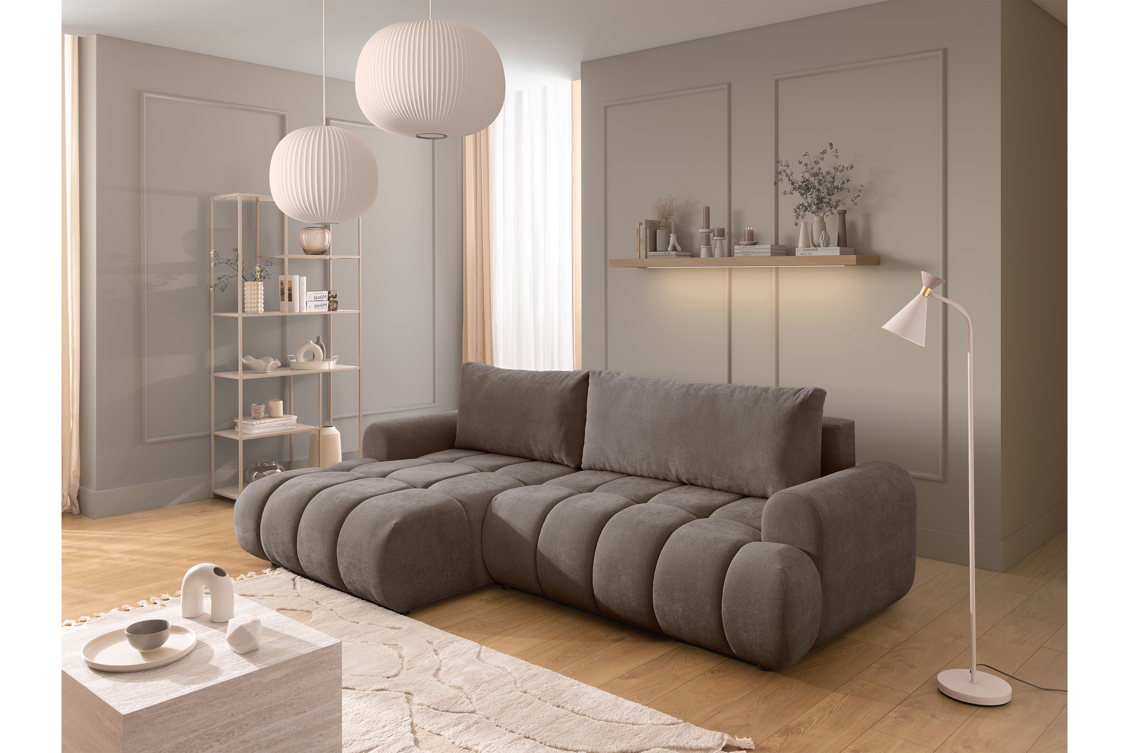 Rozkládací rohová sedací souprava Lutario Mini levá - šedohnědá Venice 2022 Rohová sedací souprava Lutario Mini rozkládací levá - hnědá plecionka hydrofobowa Venice 2022