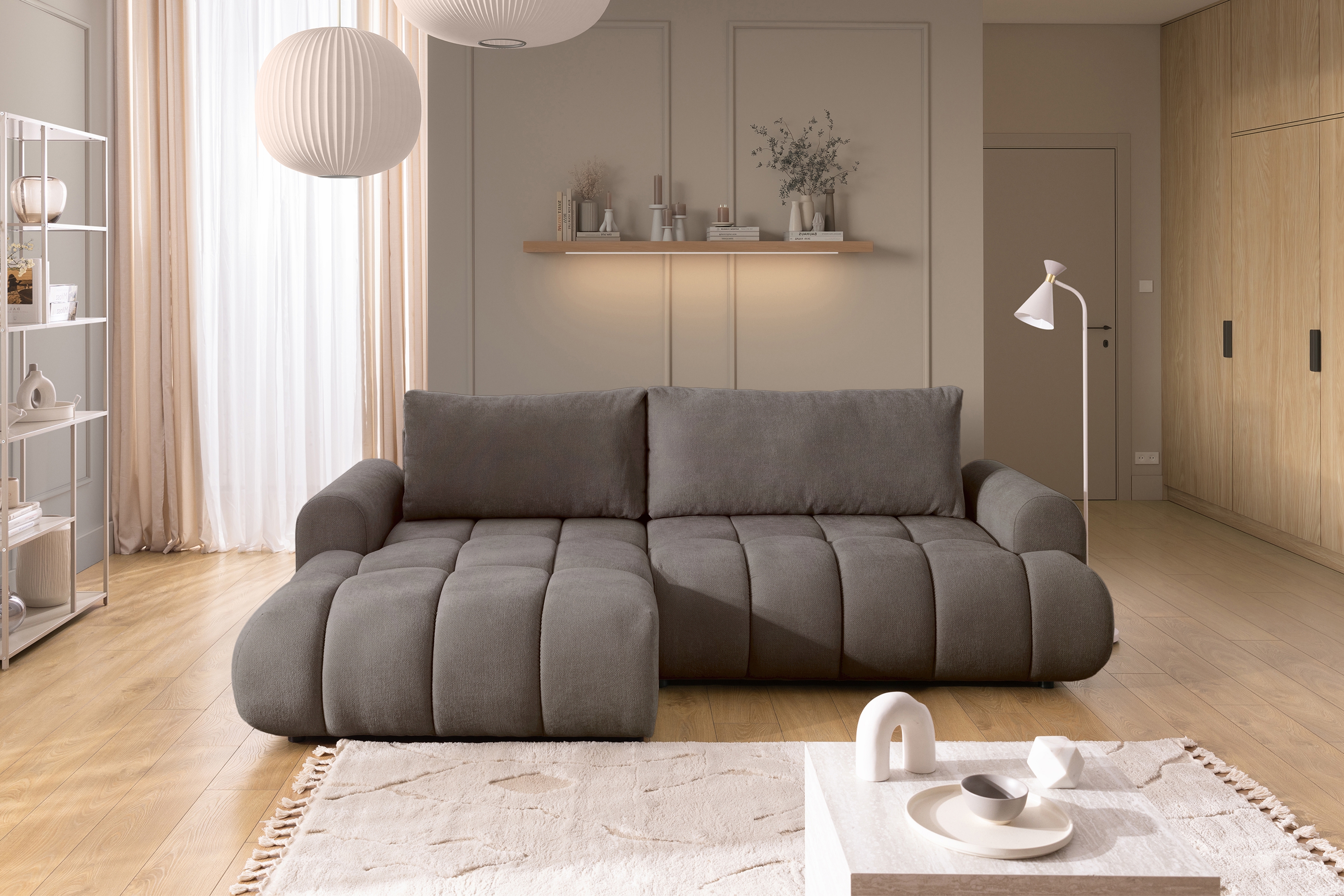 Rozkládací rohová sedací souprava Lutario Mini levá - šedohnědá Venice 2022 Rohová sedací souprava Lutario Mini rozkládací levá - hnědá plecionka hydrofobowa Venice 2022