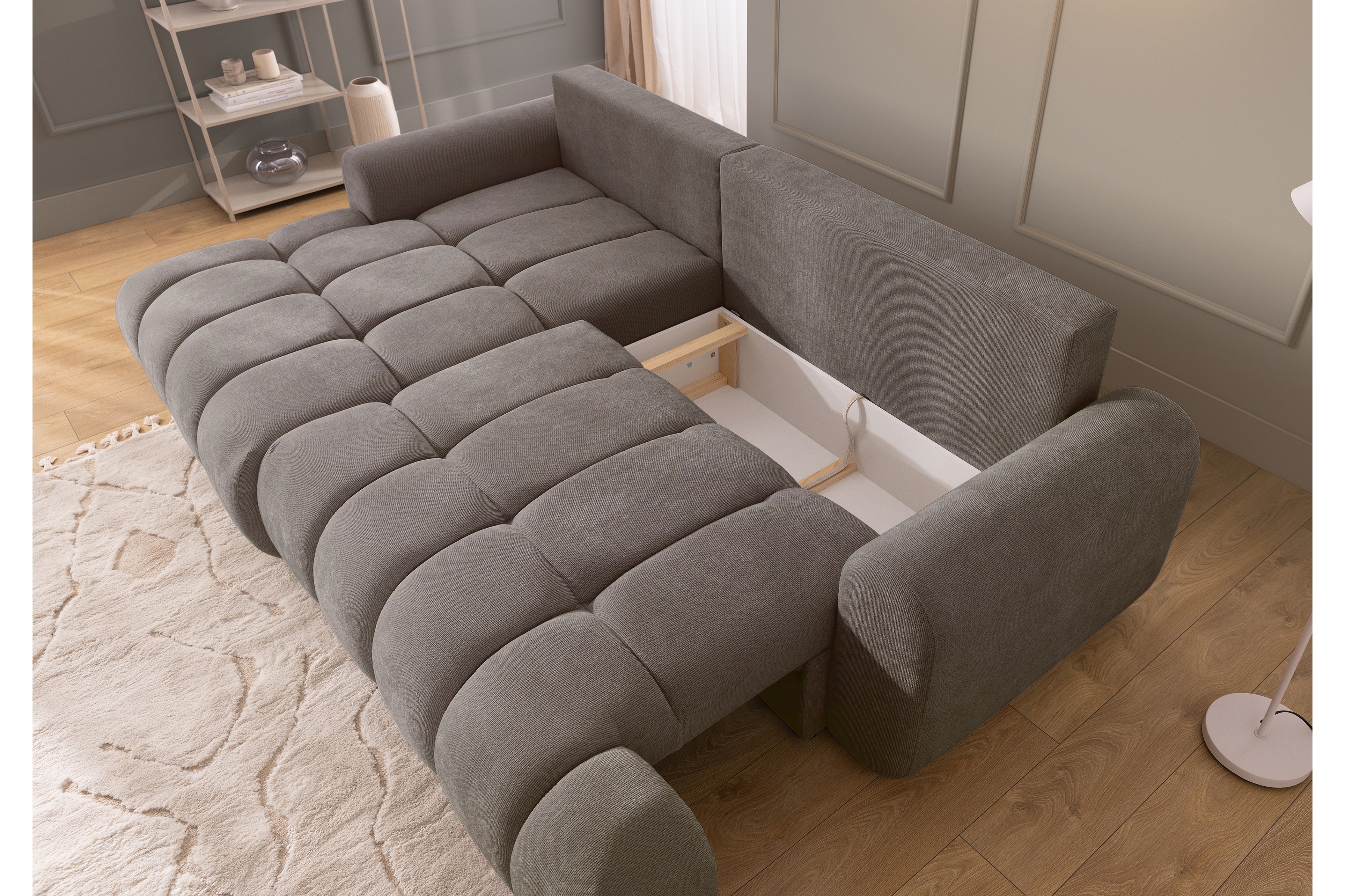 Rozkládací rohová sedací souprava Lutario Mini levá - šedohnědá Venice 2022 Rohová sedací souprava Lutario Mini rozkládací levá - hnědá plecionka hydrofobowa Venice 2022