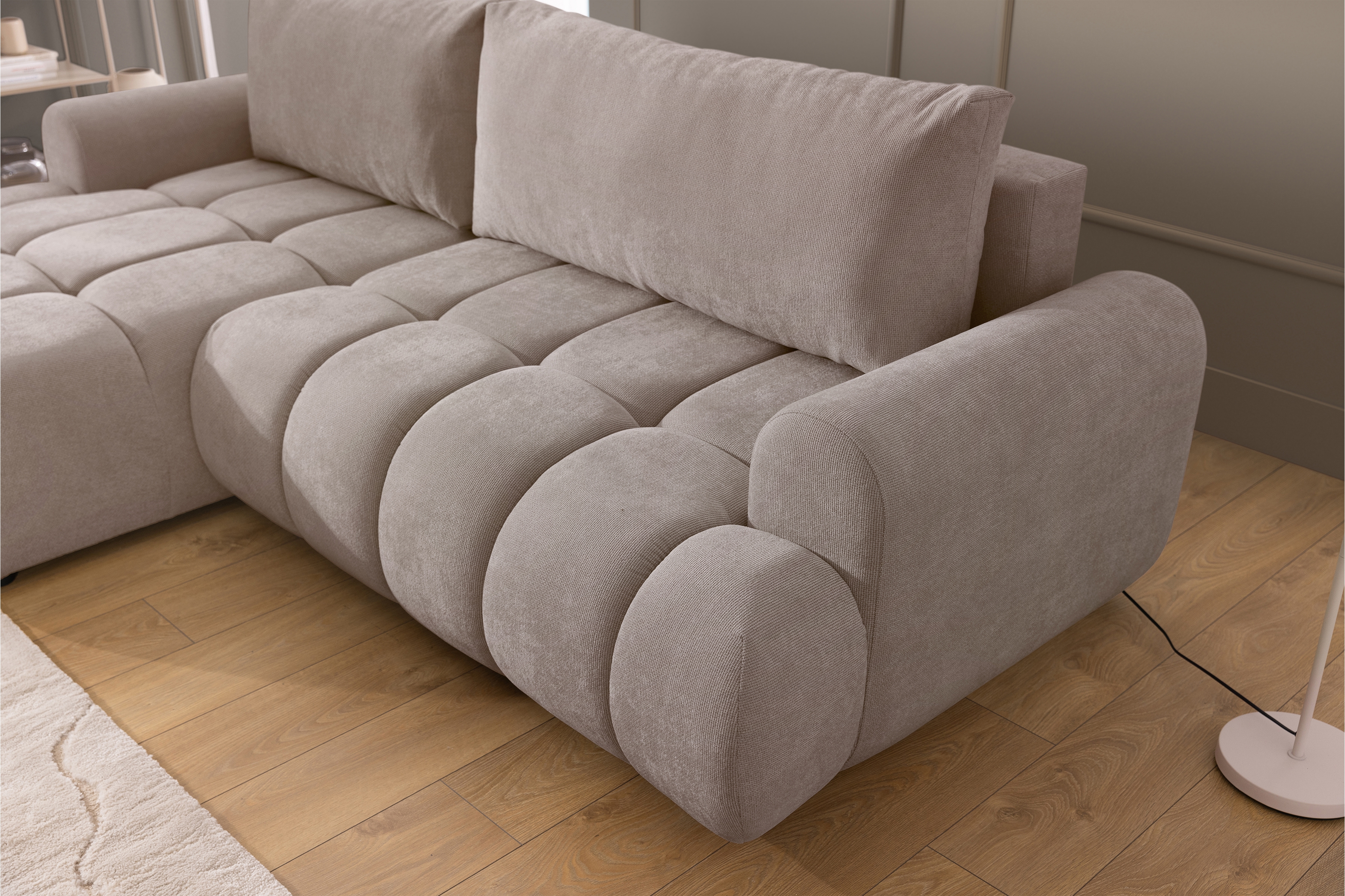 Rozkládací rohová sedací souprava Lutario Mini levá - tmavě béžová Venice 2031 Rohová sedací souprava Lutario Mini rozkládací levá - ciemnobezowa plecionka hydrofobowa Venice 2031