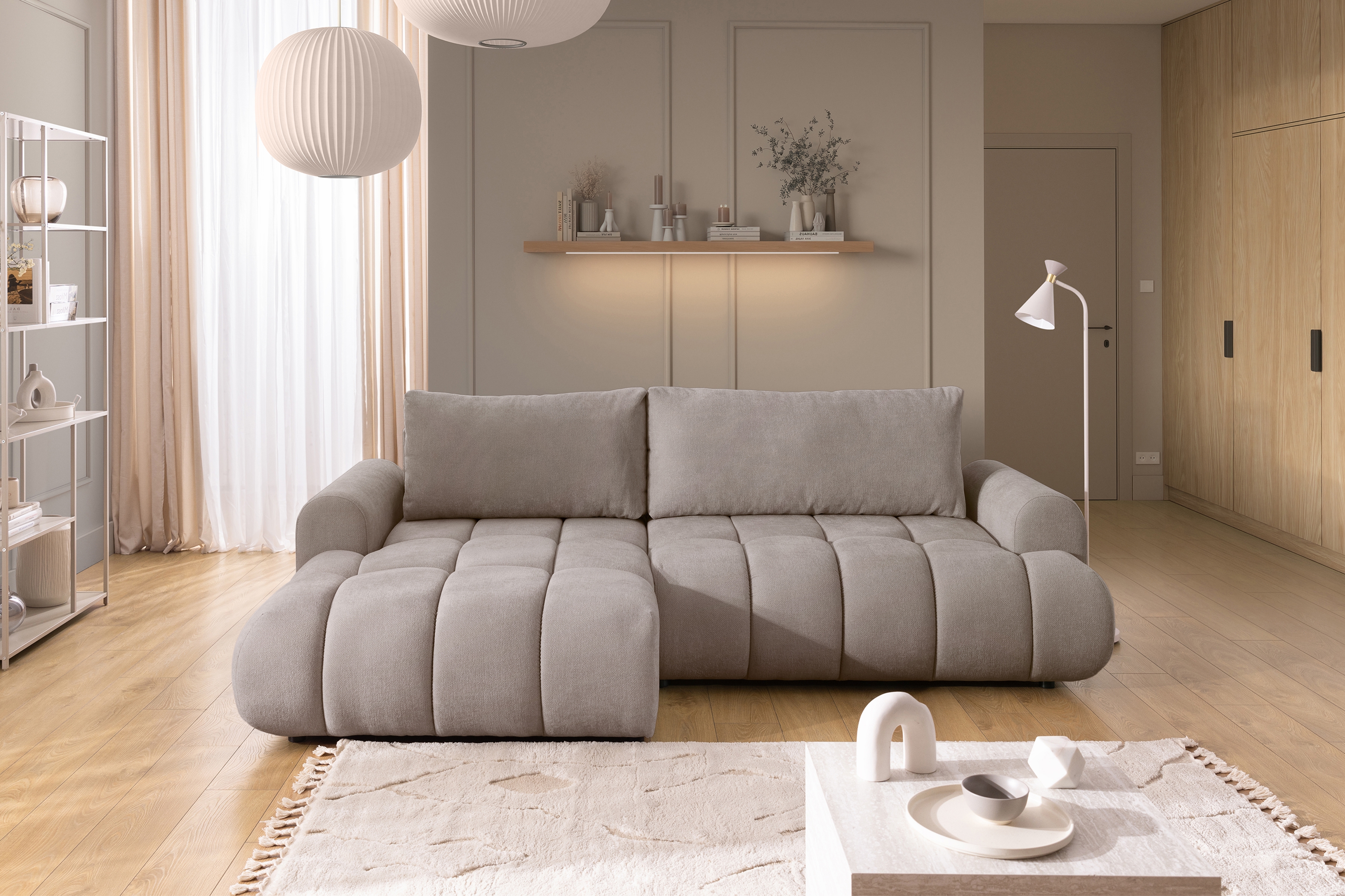 Rozkládací rohová sedací souprava Lutario Mini levá - tmavě béžová Venice 2031 Rohová sedací souprava Lutario Mini rozkládací levá - ciemnobezowa plecionka hydrofobowa Venice 2031